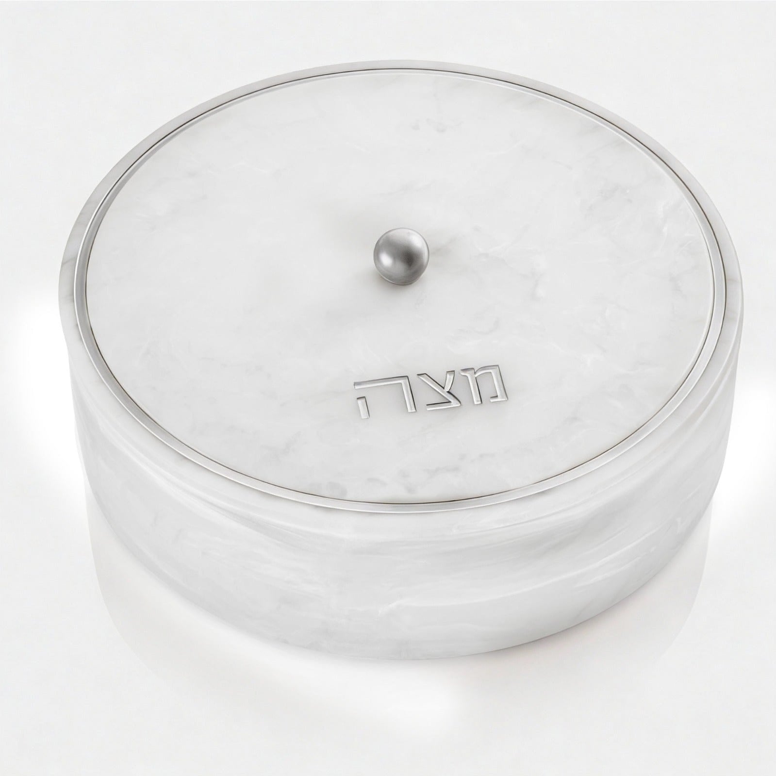 Luxury Silver resin matzah box featuring white and silver marble effect, round Passover storage design, and Hebrew inscription | Waterdale Collection