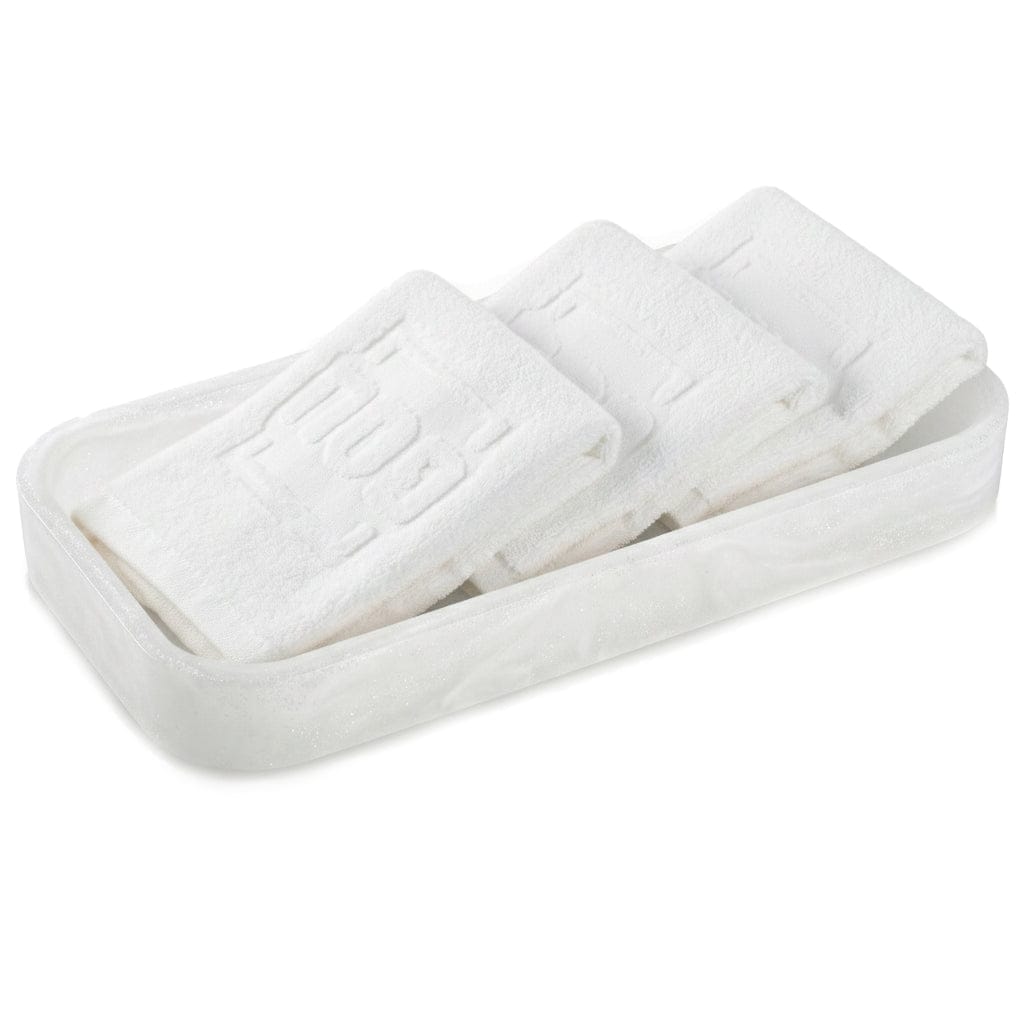 Silver Resin Tray with three embossed white hand towels for your kitchen or guest area | Waterdale Collection