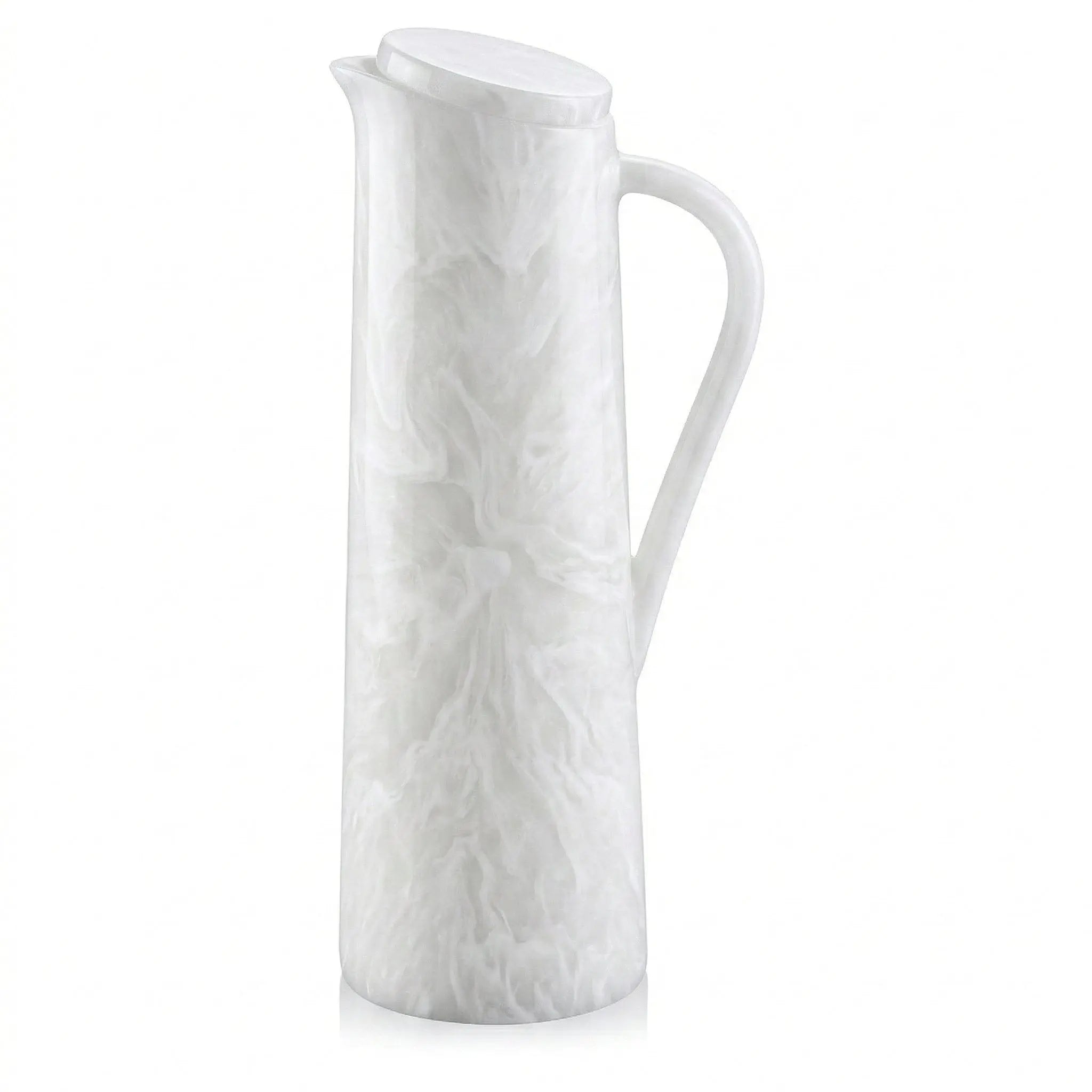 White marble-style resin pitcher with handle and lid.- Waterdale Collection