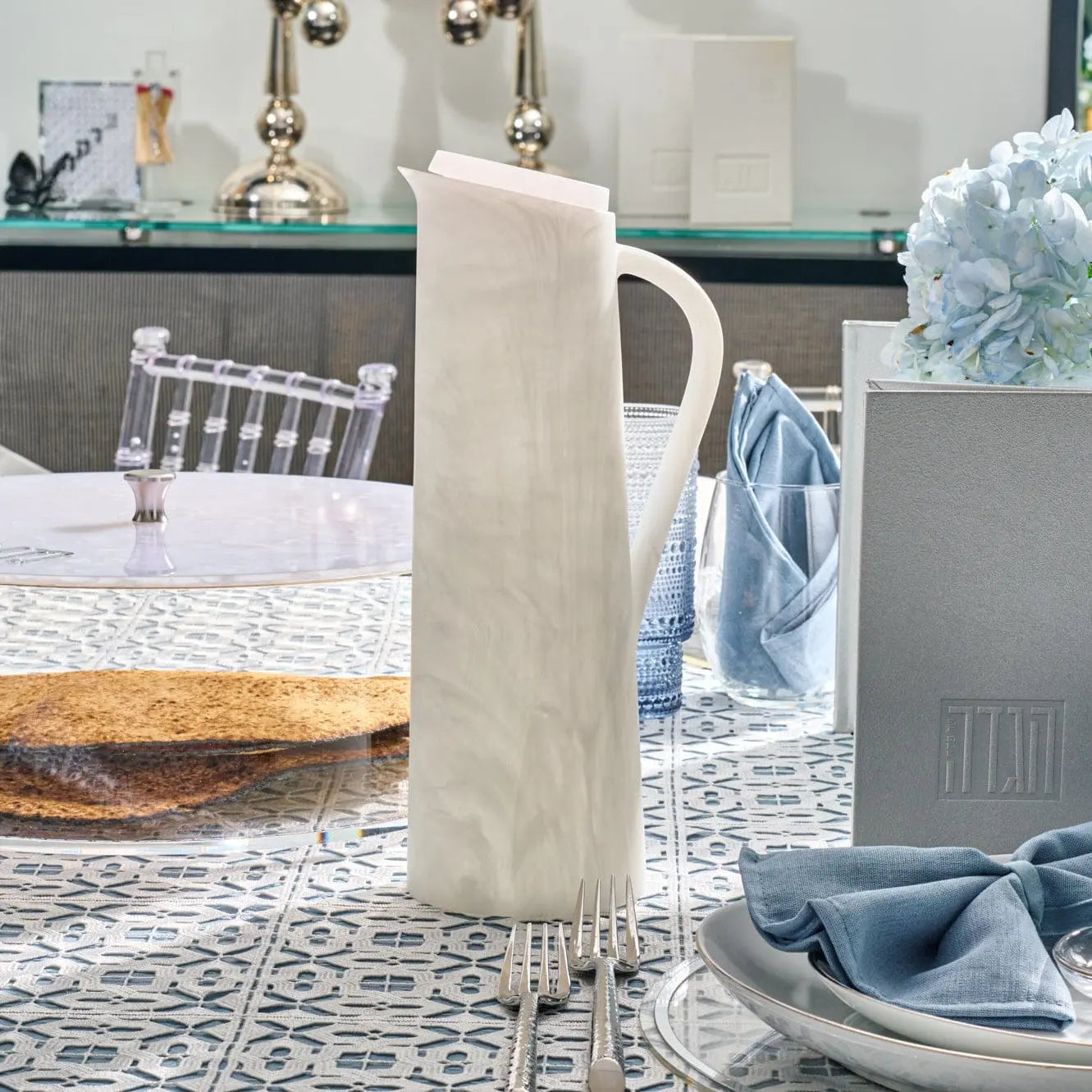 White resin pitcher styled on an elegant Shabbat table setting – Waterdale Collection
