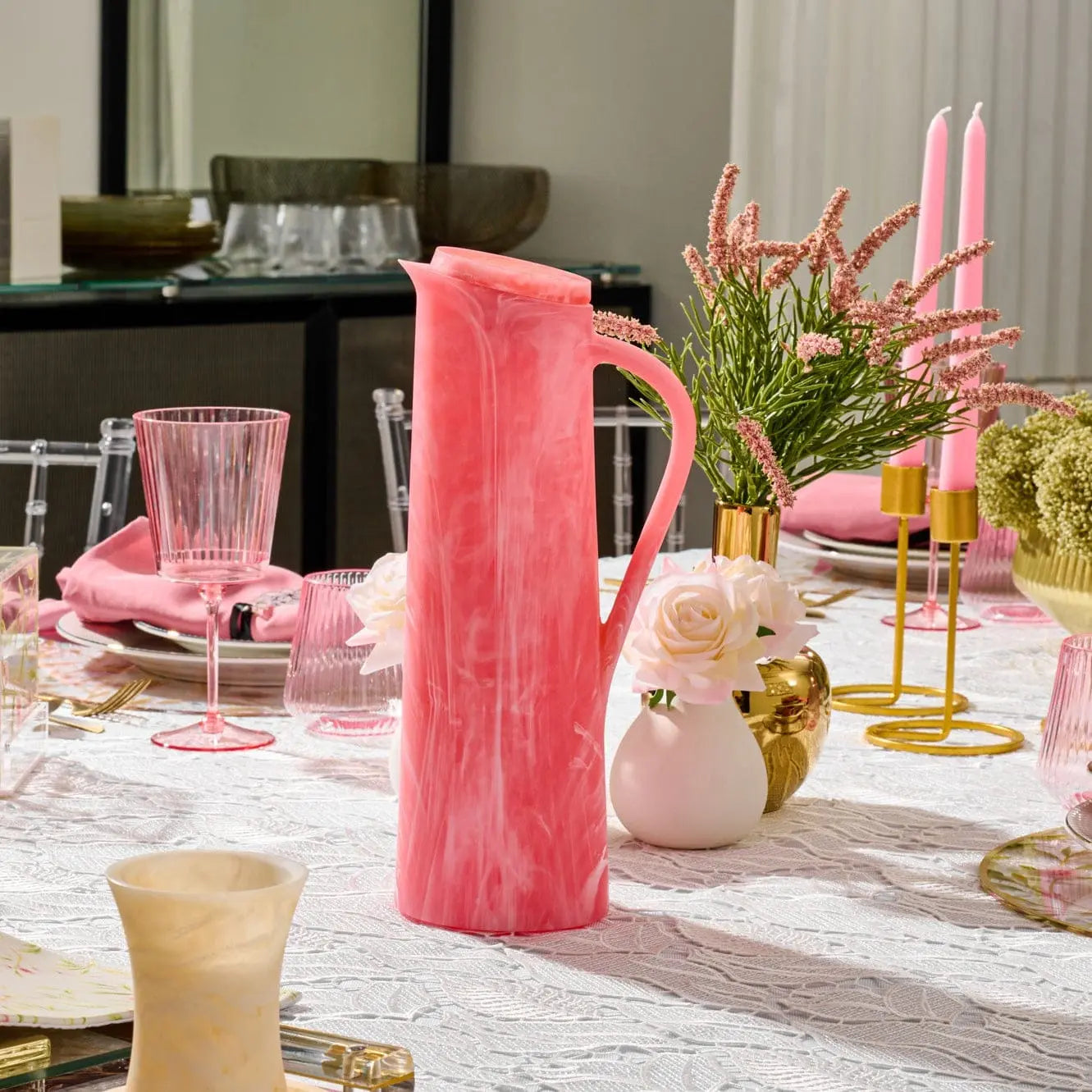 Pink resin pitcher styled on an elegant Shabbat table setting – Waterdale Collection
