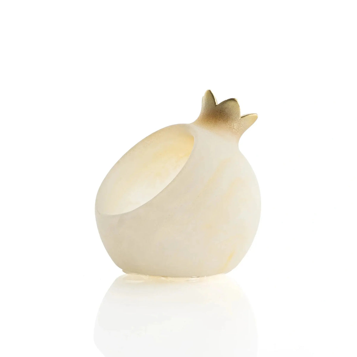 Gold pomegranate honey dish set styled on a Rosh Hashanah tablescape