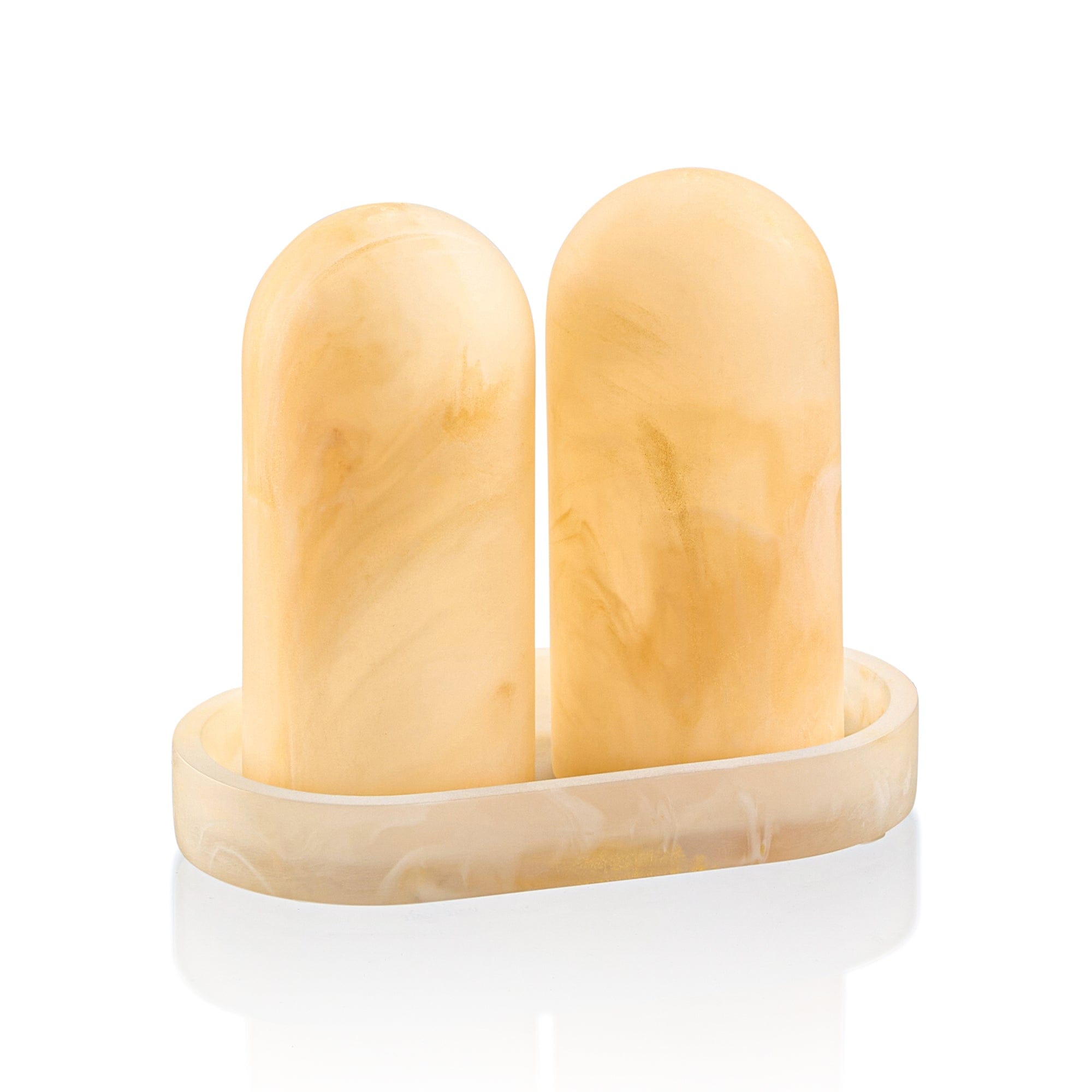 Beige marble-style resin salt shaker set with tray – Waterdale Collection