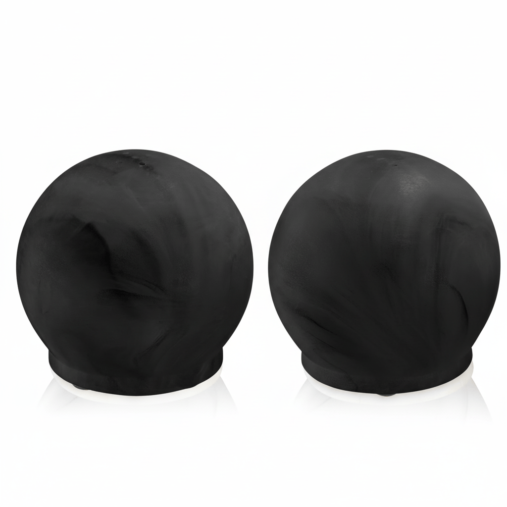 Black resin salt shakers with a smooth matte finish, sold as a matching tabletop set