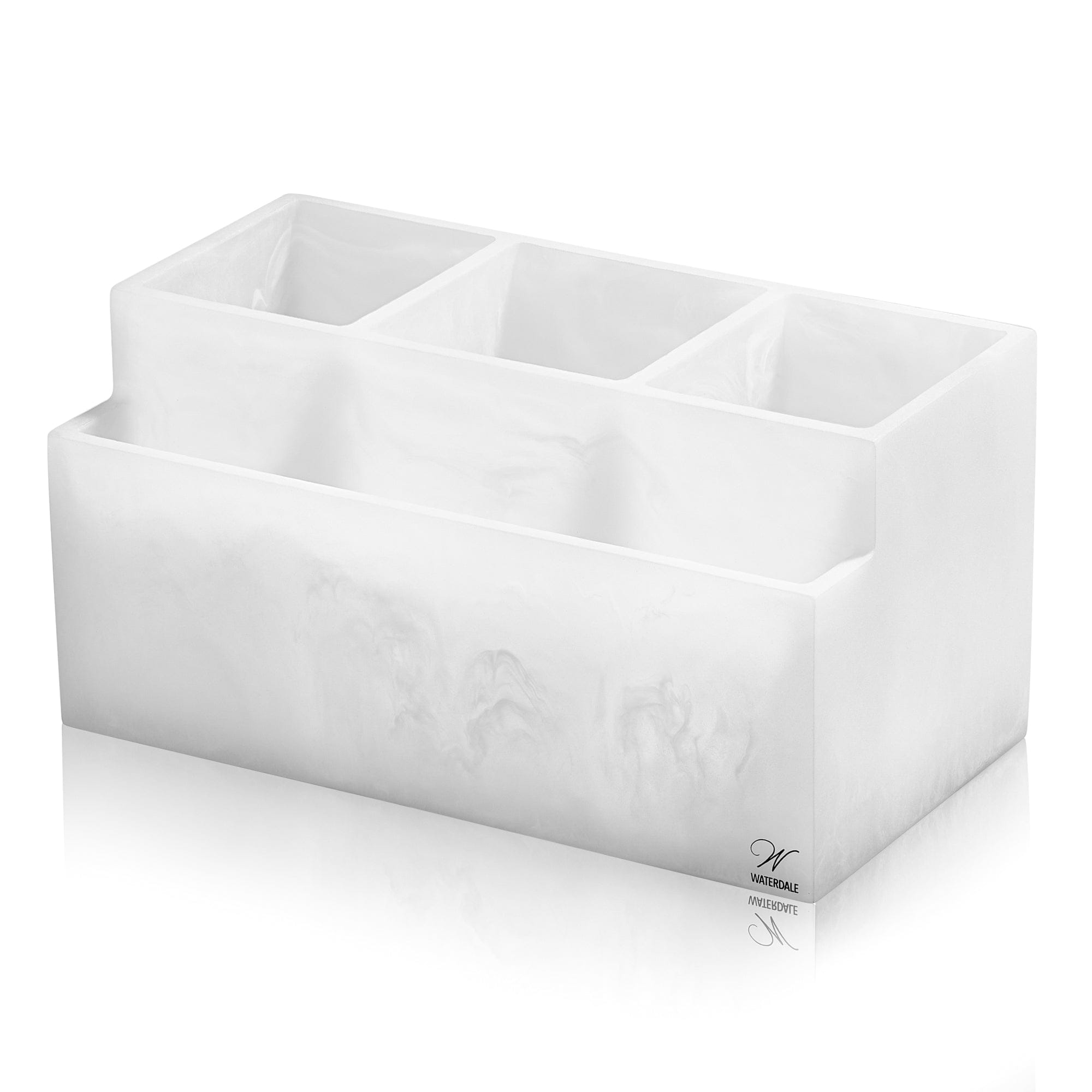 Silver marbleized resin silverware caddy with 3 utensil compartments and a napkin holder slot, modern Shabbat and Yom Tov table organizer by Waterdale Collection.