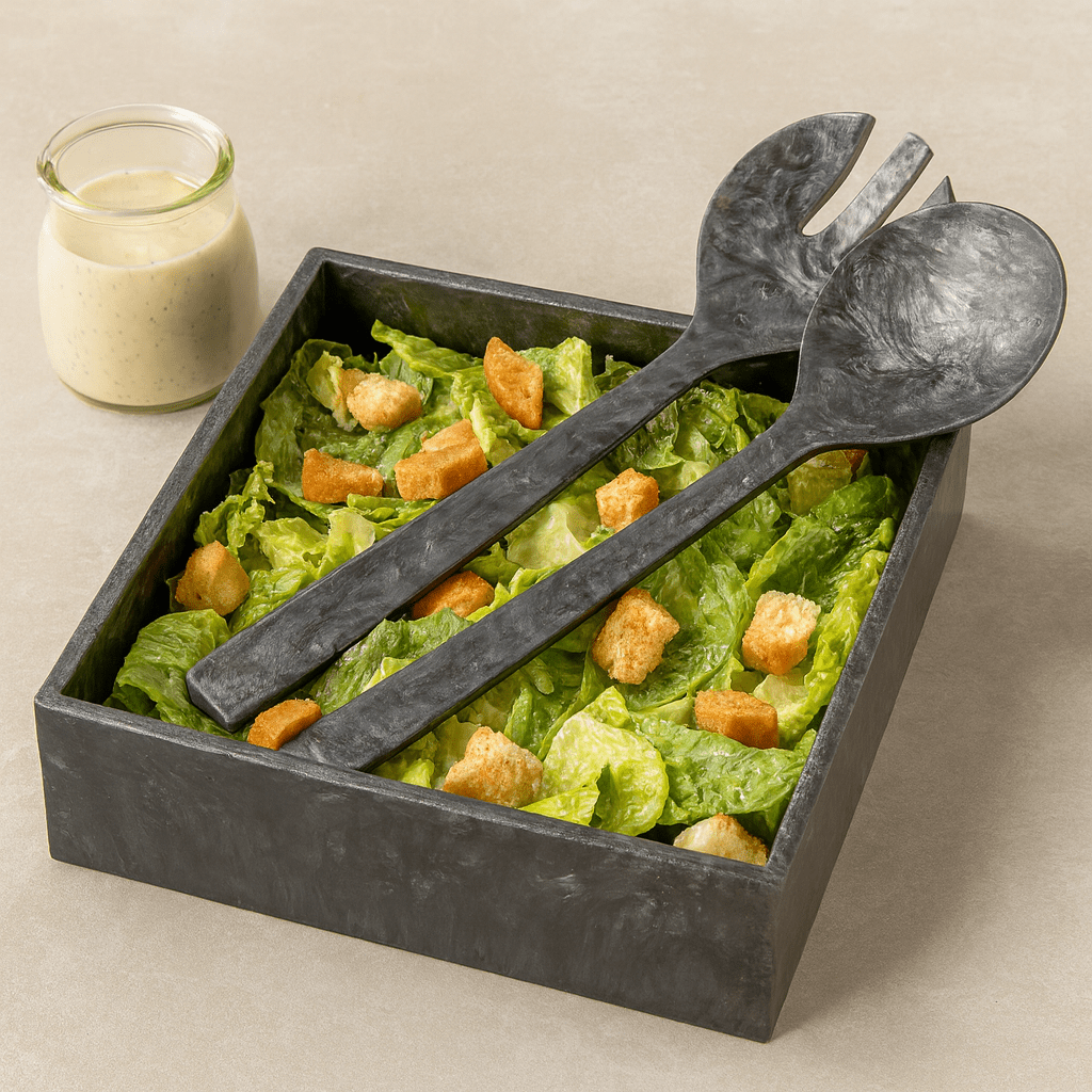Resin Square Salad Bowl Set featuring sleek marbleized finish with matching oversized salad servers, modern square serving bowl.