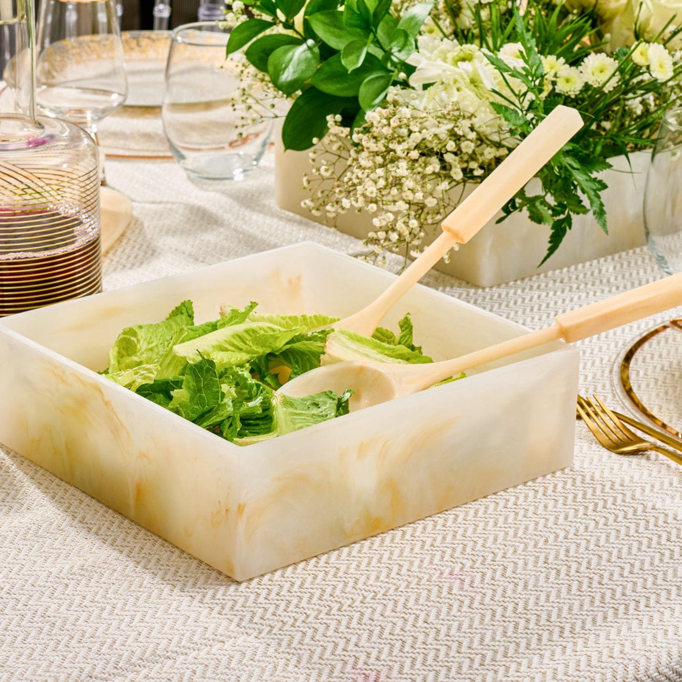 Resin Square Salad Bowl Set with white marble-look finish and silver-rimmed edges, includes matching serving utensils.