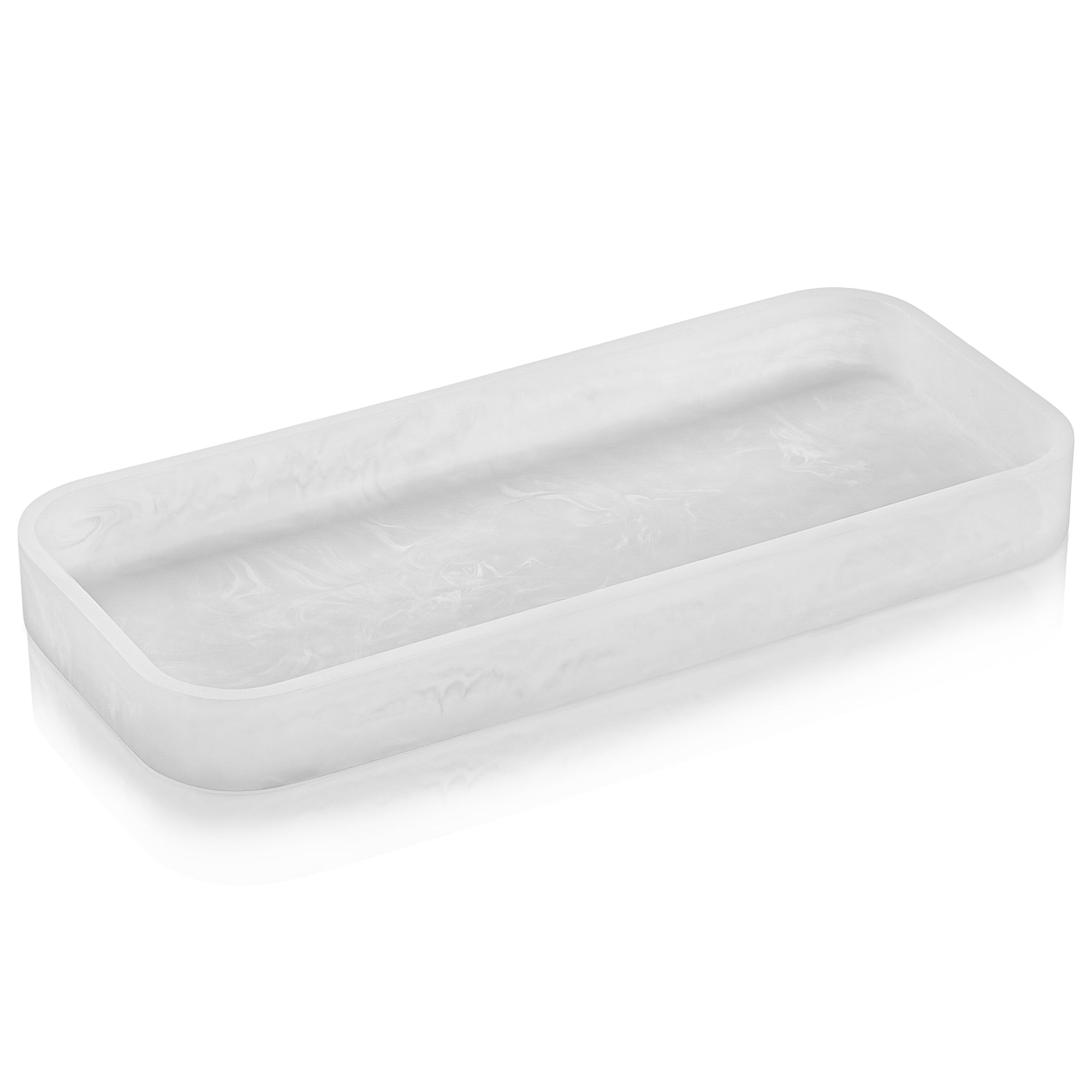 White marbleized resin vanity tray and bread server, contemporary minimalist design for home decor or Shabbat table.