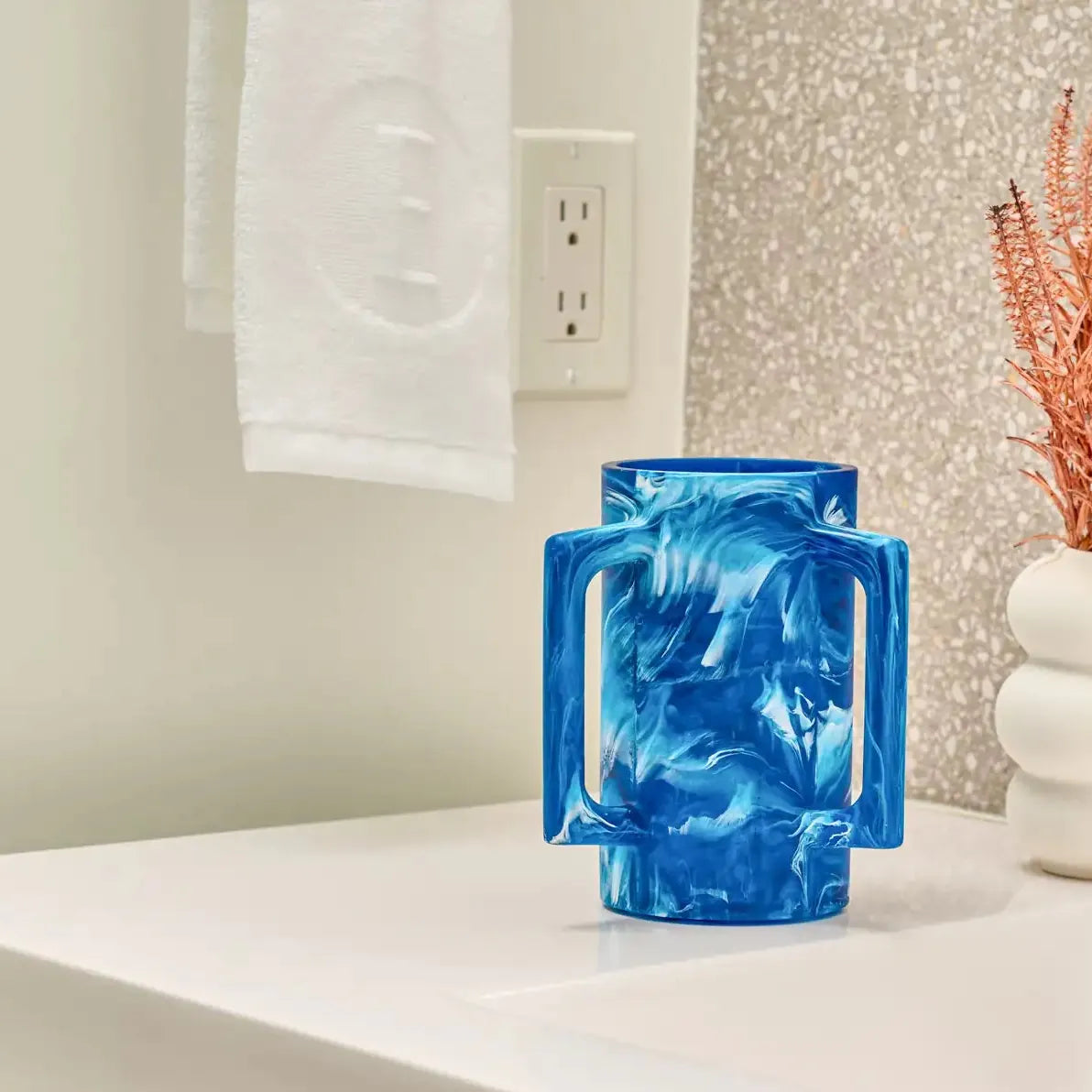 Resin washing cup for Netilat Yadayim, luxury acrylic netilas yadayim cup, modern Judaica washing cup with dual handles, decorative Jewish bathroom accessory, Al Netilat Yadayim ritual hand washing cup, contemporary marble-look resin washing cup for Jewish home décor.