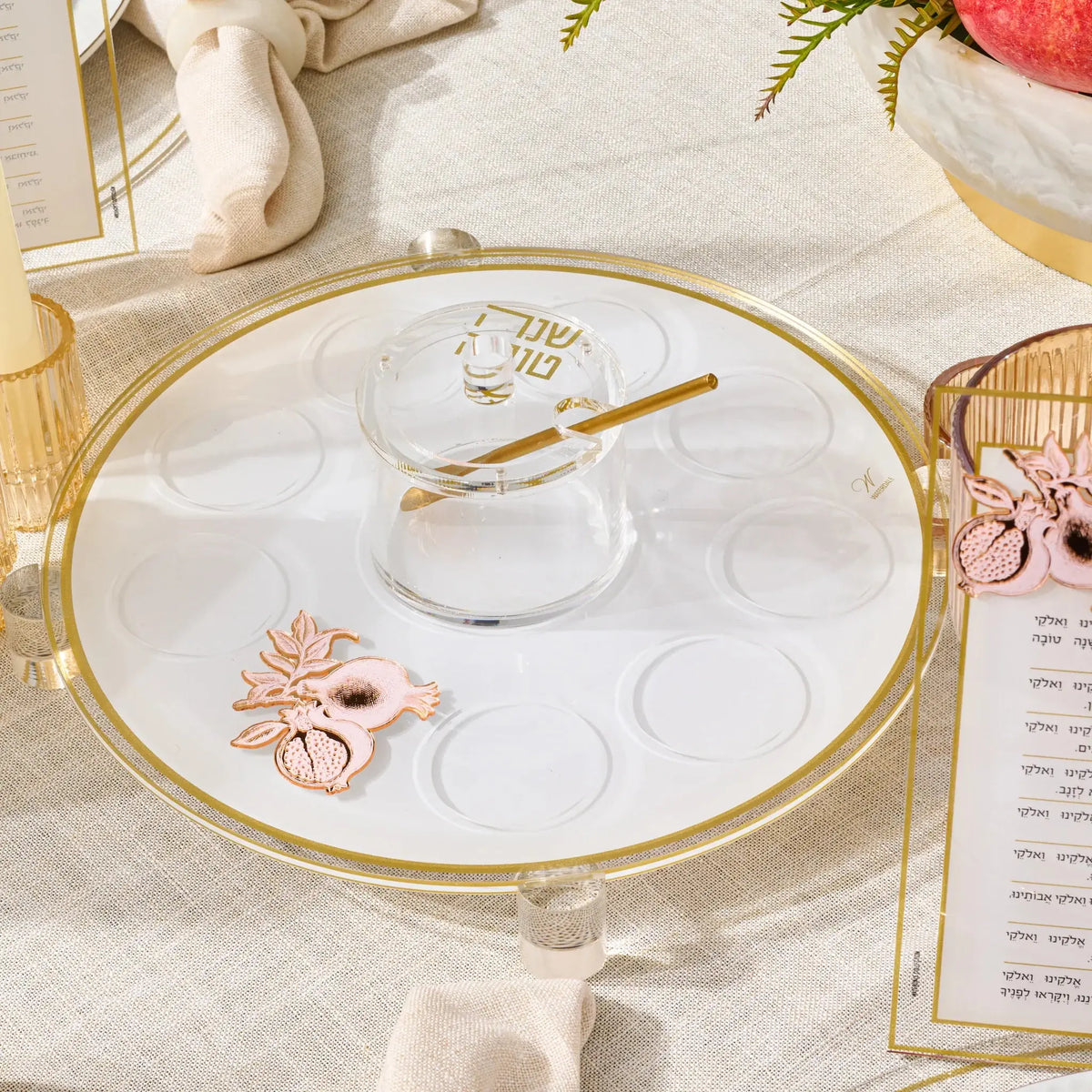 Gold Classic pomegranate Simanim tray in clear Lucite for Rosh Hashanah