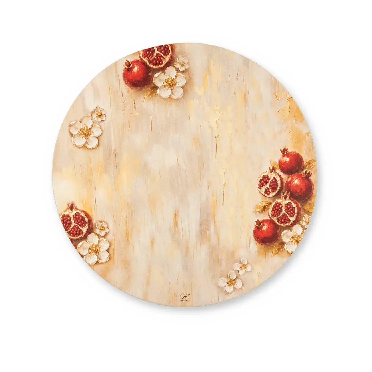 Painted pomegranate charger layered under a Jewish New Year place setting (ראש השנה)