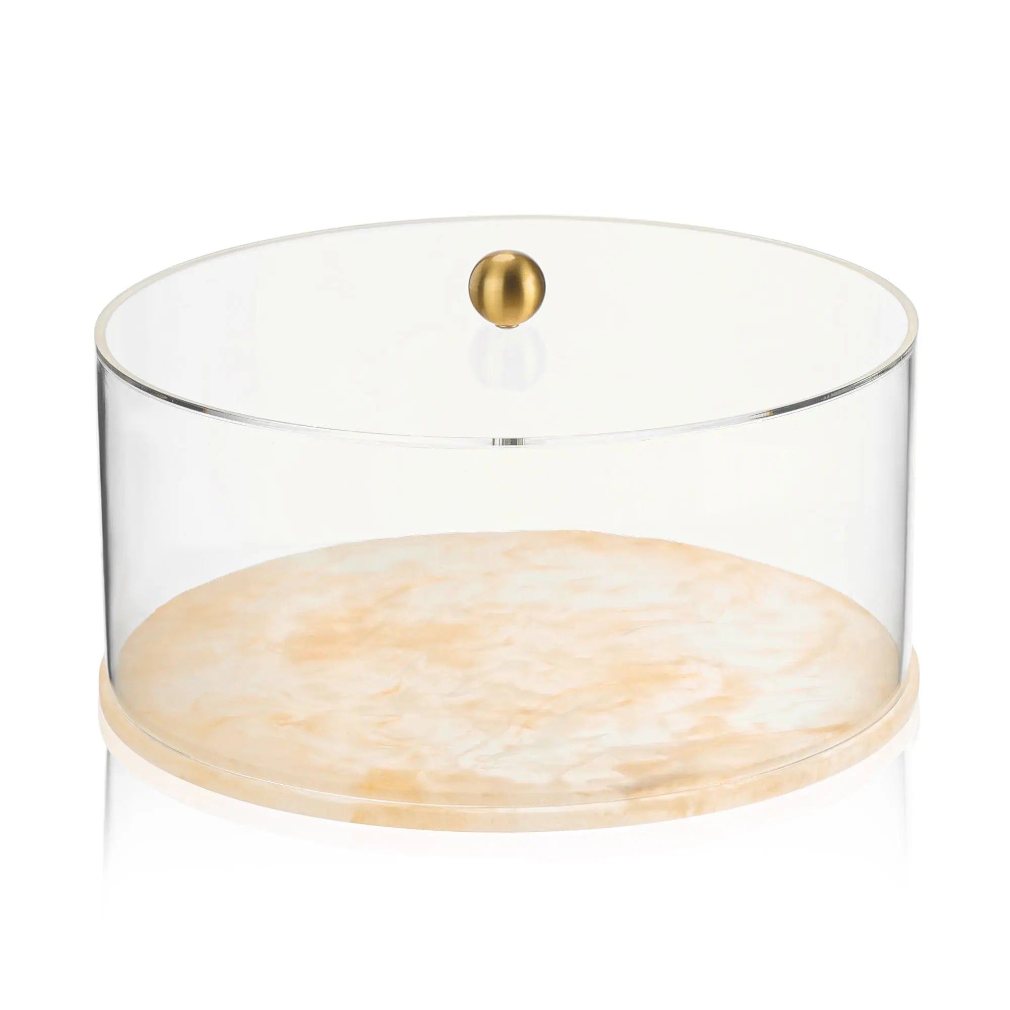Round Resin Cake Dome featuring a clear acrylic cover with a sleek gold-tone knob and a warm marbled cream resin base.