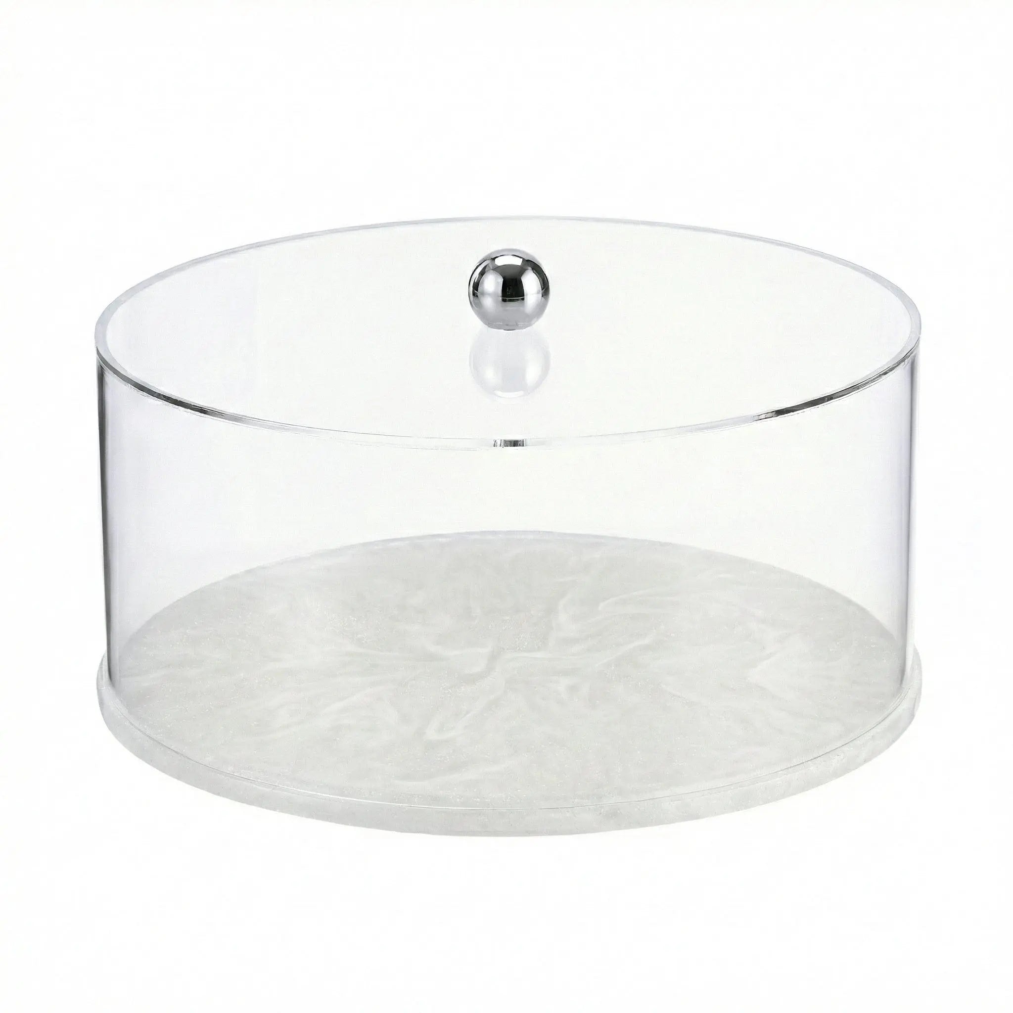 Round Resin Cake Dome featuring a clear acrylic cover with a sleek silver-tone knob and a coordinating marbled pearl resin base.