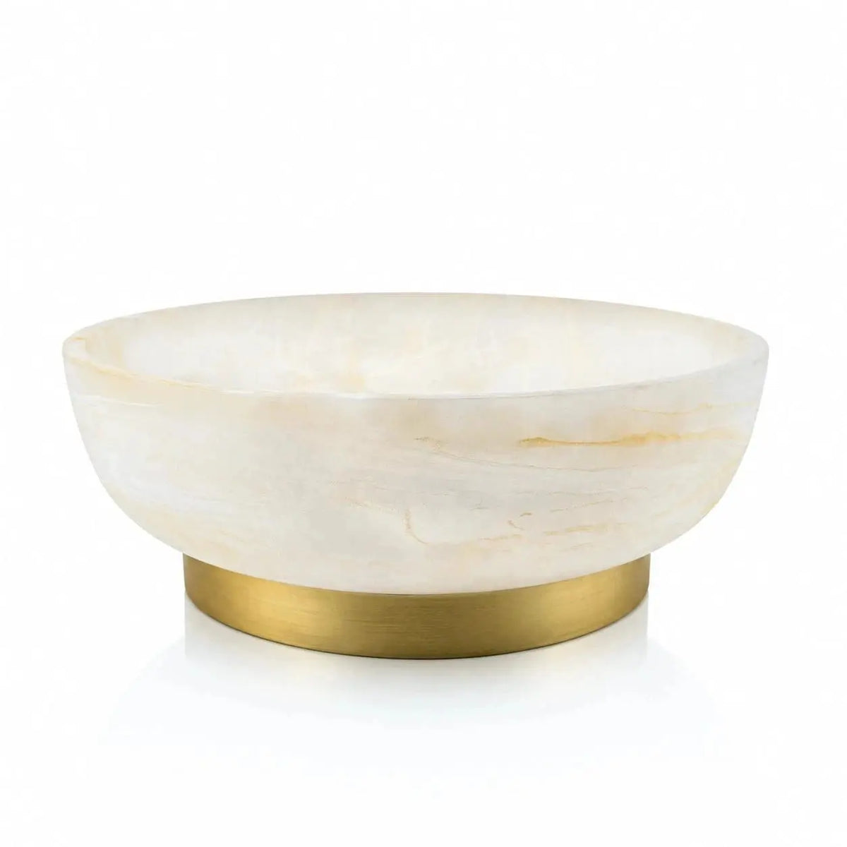 A round gold resin centerpiece bowl with a brushed gold metal base, shown on a clean white background.