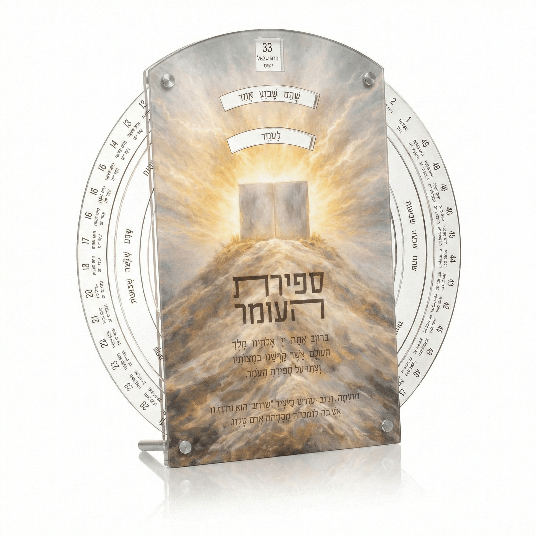 Sefirat Haomer calendar wheel by Waterdale Collection, featuring shimmering gold stone textures and neutral "Pearlstone" accents on a premium arched acrylic plaque.