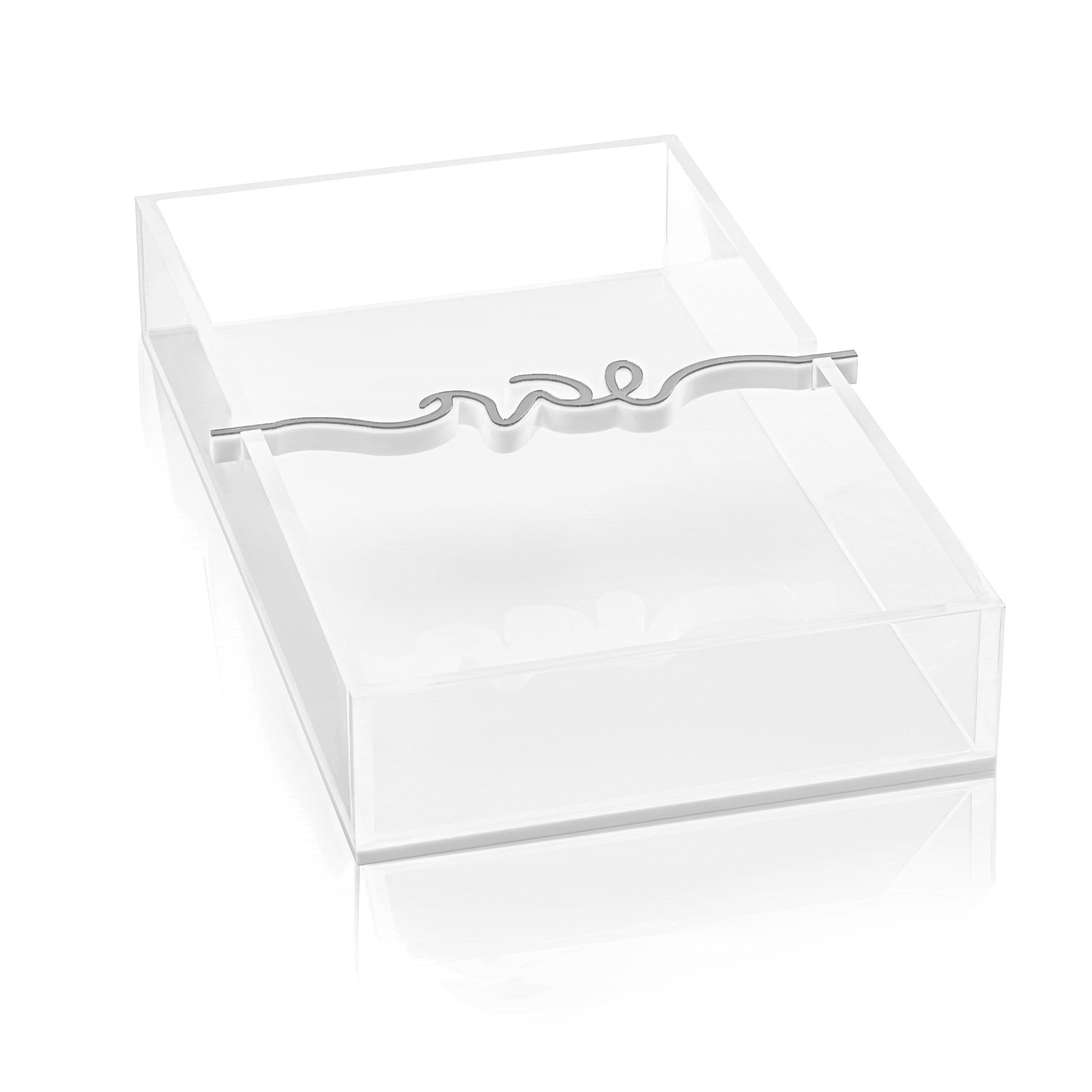 Clear acrylic Shabbos Bar paper towel holder with decorative metal wave design across top, modern tabletop organizer for kitchen or dining.
