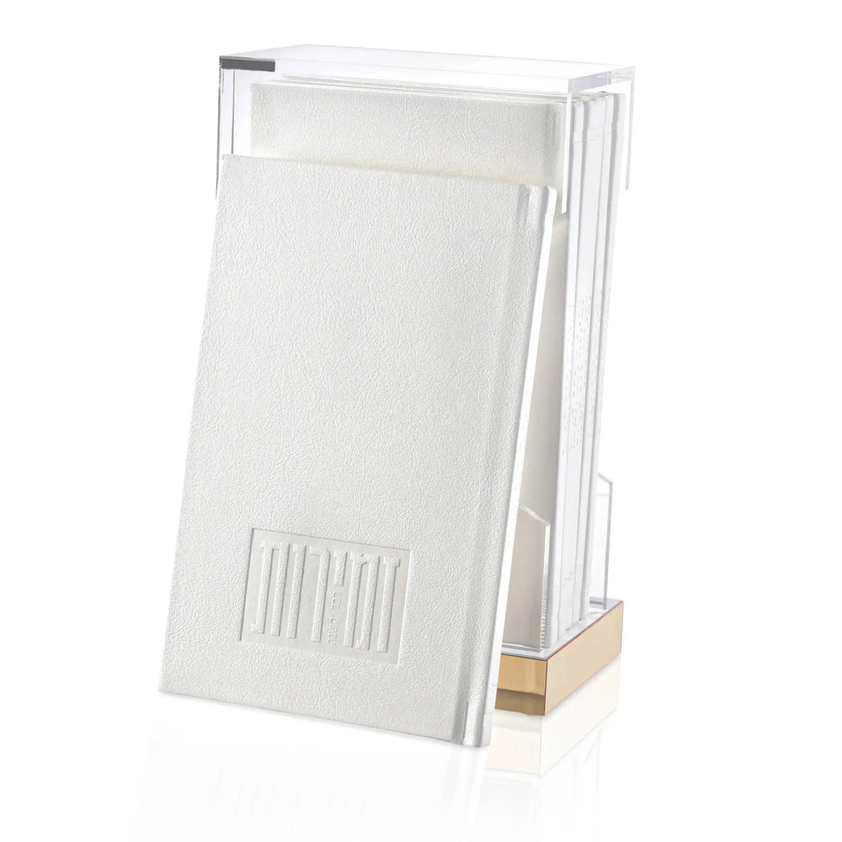 Clear acrylic Zemiros Bencher set with gold trim by Waterdale Collection, displayed in packaging box for Shabbos and holiday blessings.