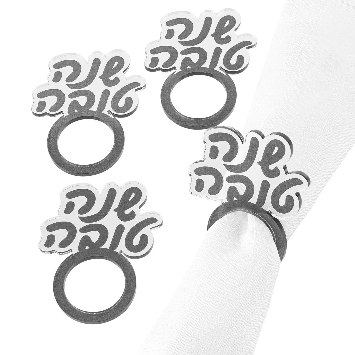Silver Shana Tova Lucite napkin rings for Rosh Hashana