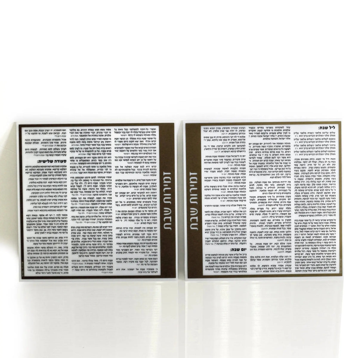 Waterdale Side Bencher Card in clear lucite with gold and silver text columns showing Birchat Hamazon blessings.
