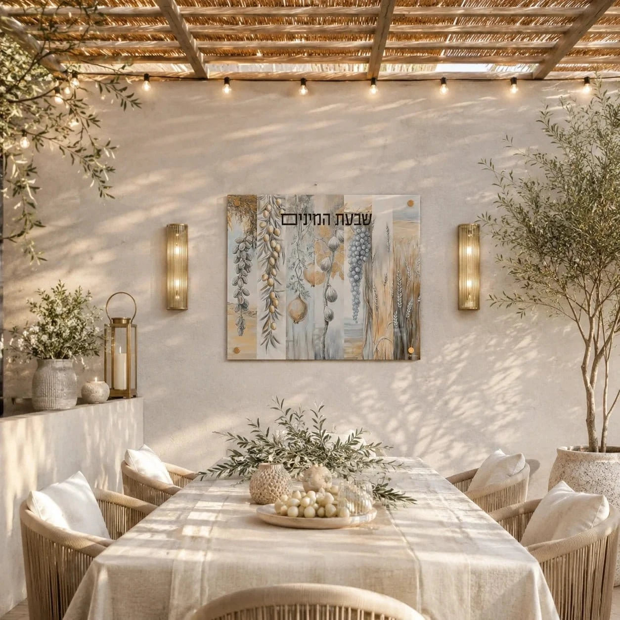 Silver Shivas Haminim vinyl sukkah decoration by Batya centered between brass wall sconces above a set sukkah table with olive greenery