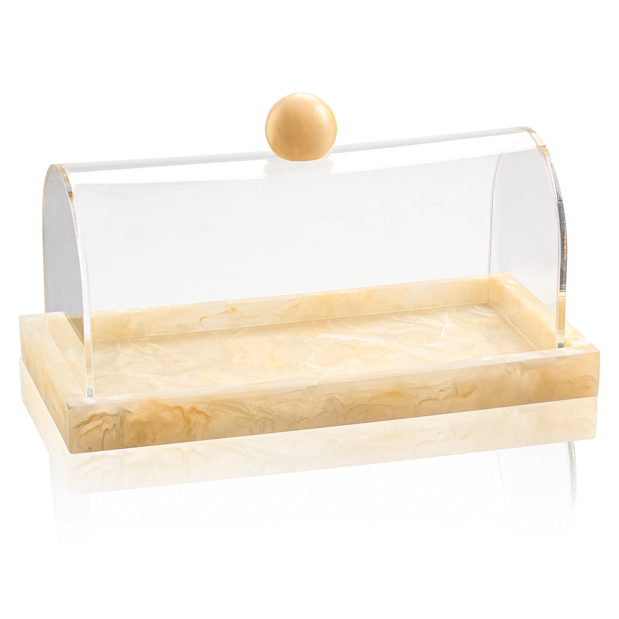 Small Rectangular Resin Cake Dome featuring a clear curved acrylic cover with a warm marbled cream resin base and matching round knob.