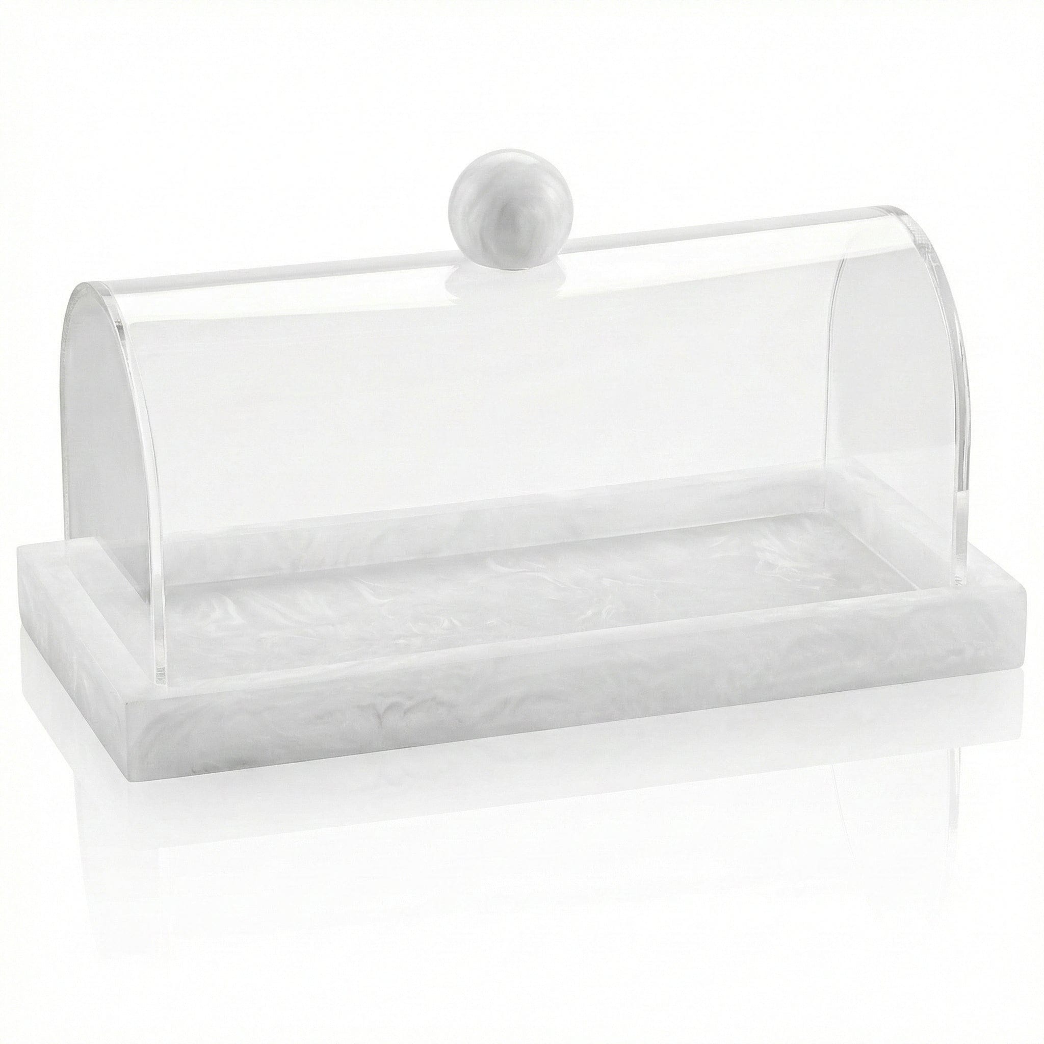 Small Rectangular Resin Cake Dome featuring a clear curved acrylic cover with a coordinating pearlstone-style resin base.