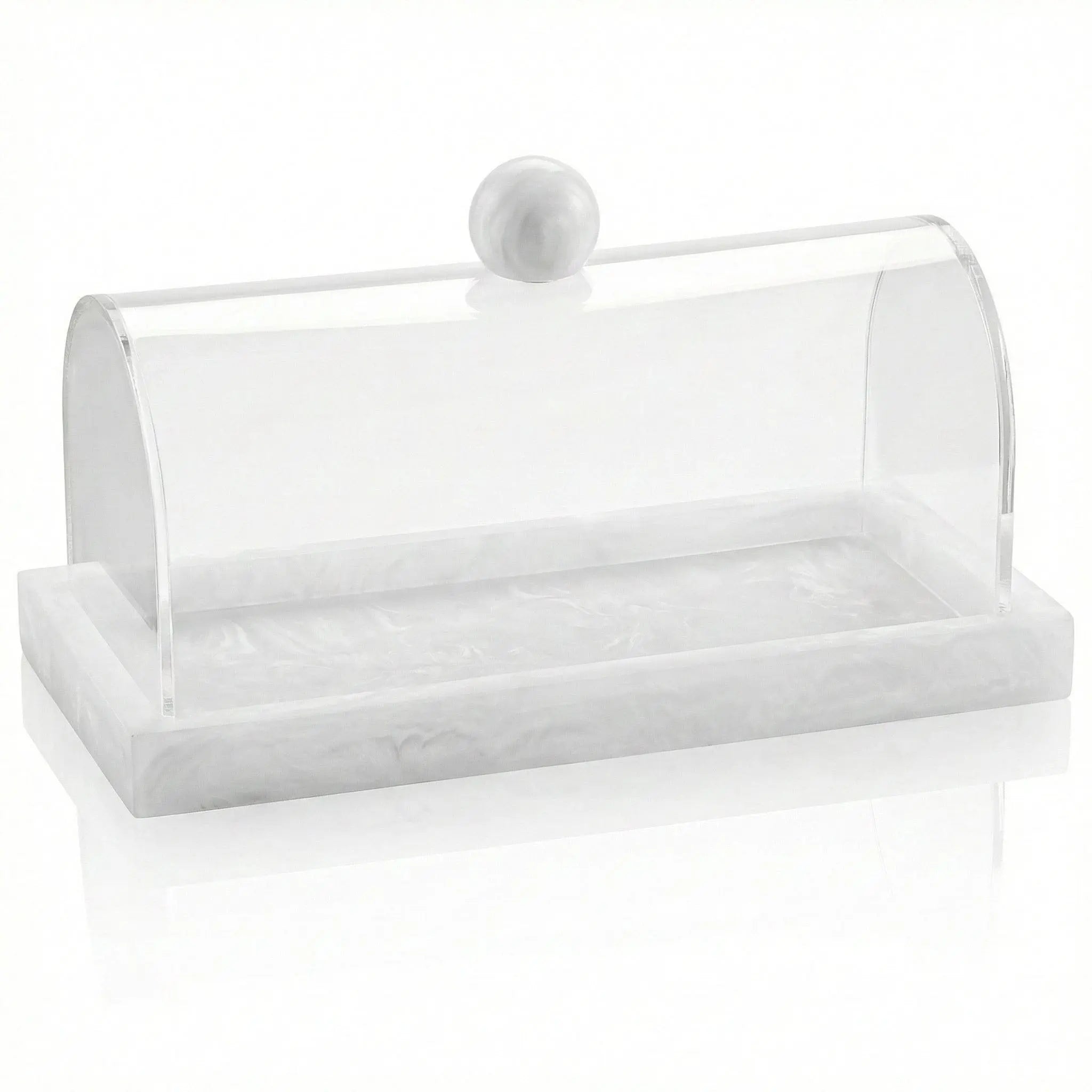 Small Rectangular Resin Cake Dome featuring a clear curved acrylic cover with a coordinating pearlstone-style resin base.