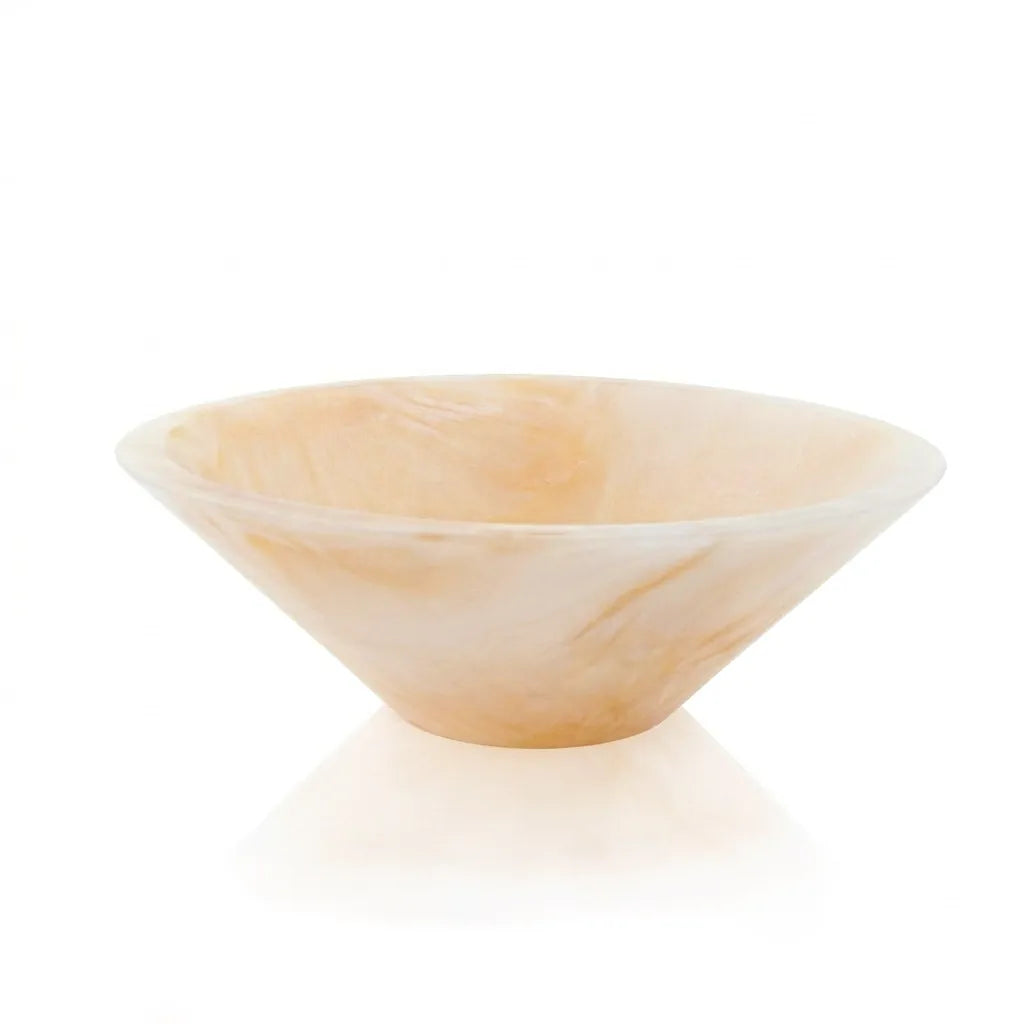 Small cream marble resin round bowl with gold veining and tapered base for elegant table decor and modern styling.