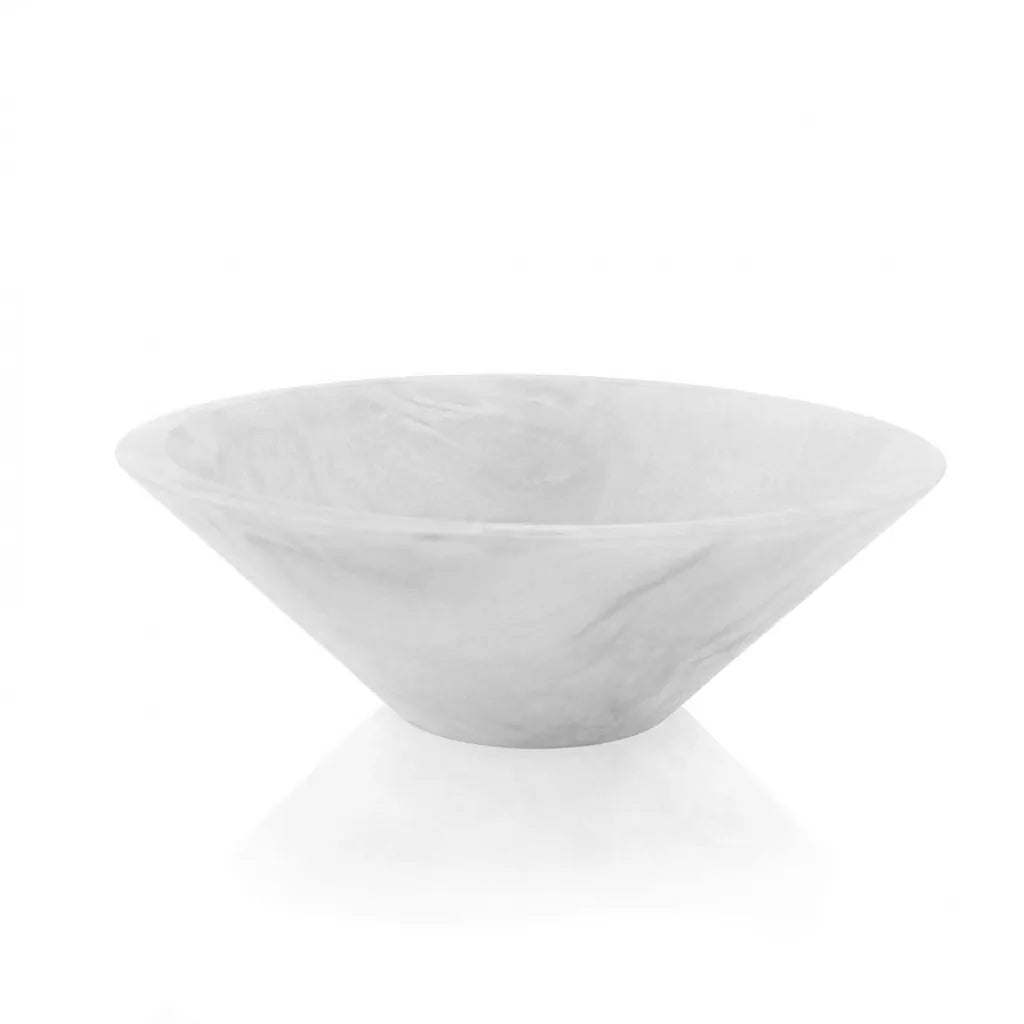 White marble resin round bowl with tapered base for modern home decor and table styling.