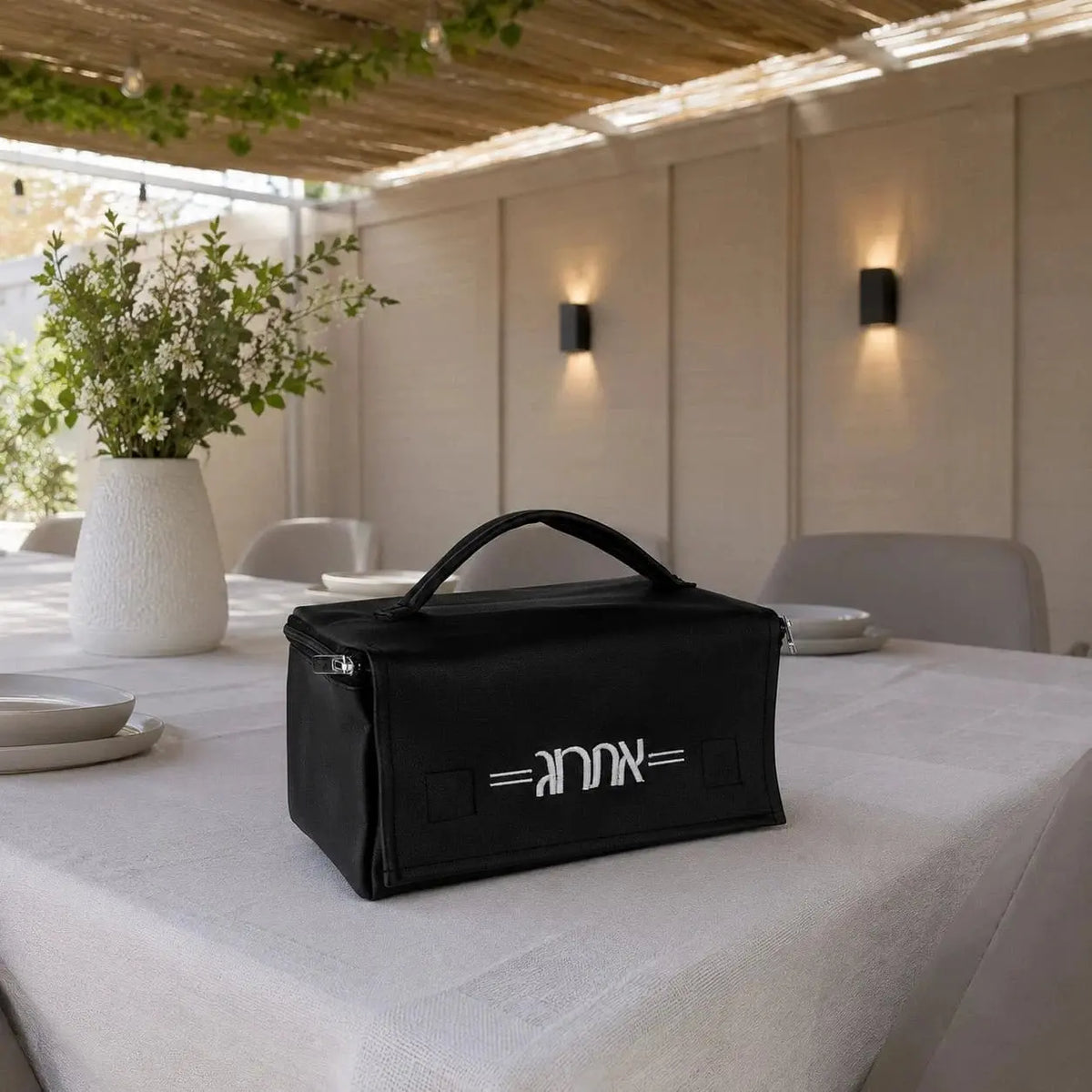 Smooth leather esrog bag (אתרוג) in a set succah, styled for Sukkot