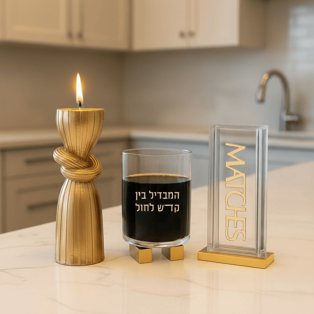 Lit spiral Havdalah candle in a unique gold resin holder next to a glass of wine with Hebrew text, set on a modern white kitchen countertop during the Havdalah ceremony - Waterdale Collection