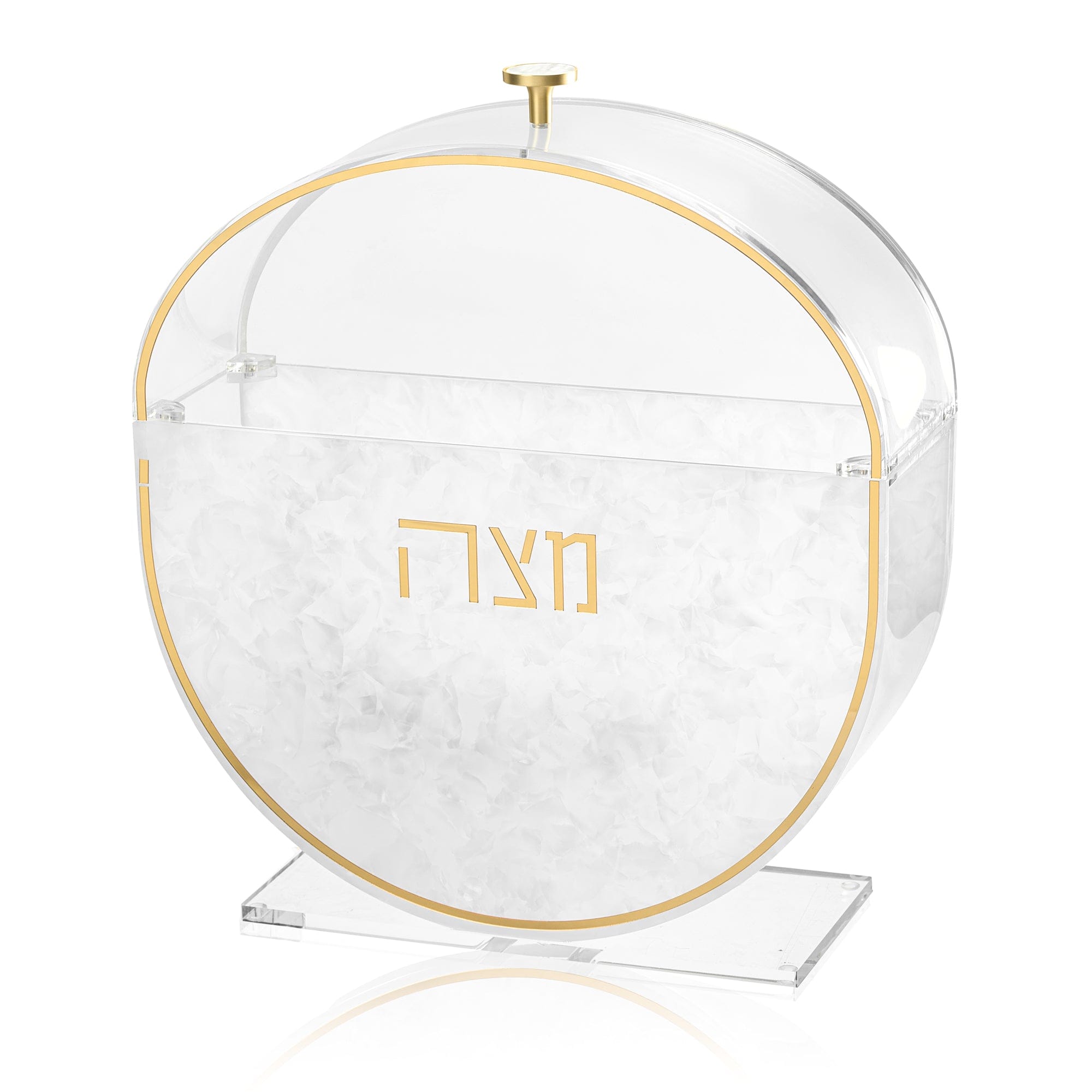 Standing Pearlstone matzah box with clear acrylic arch lid, gold accents, and Hebrew text, elegant Passover table decor | Waterdale Collection