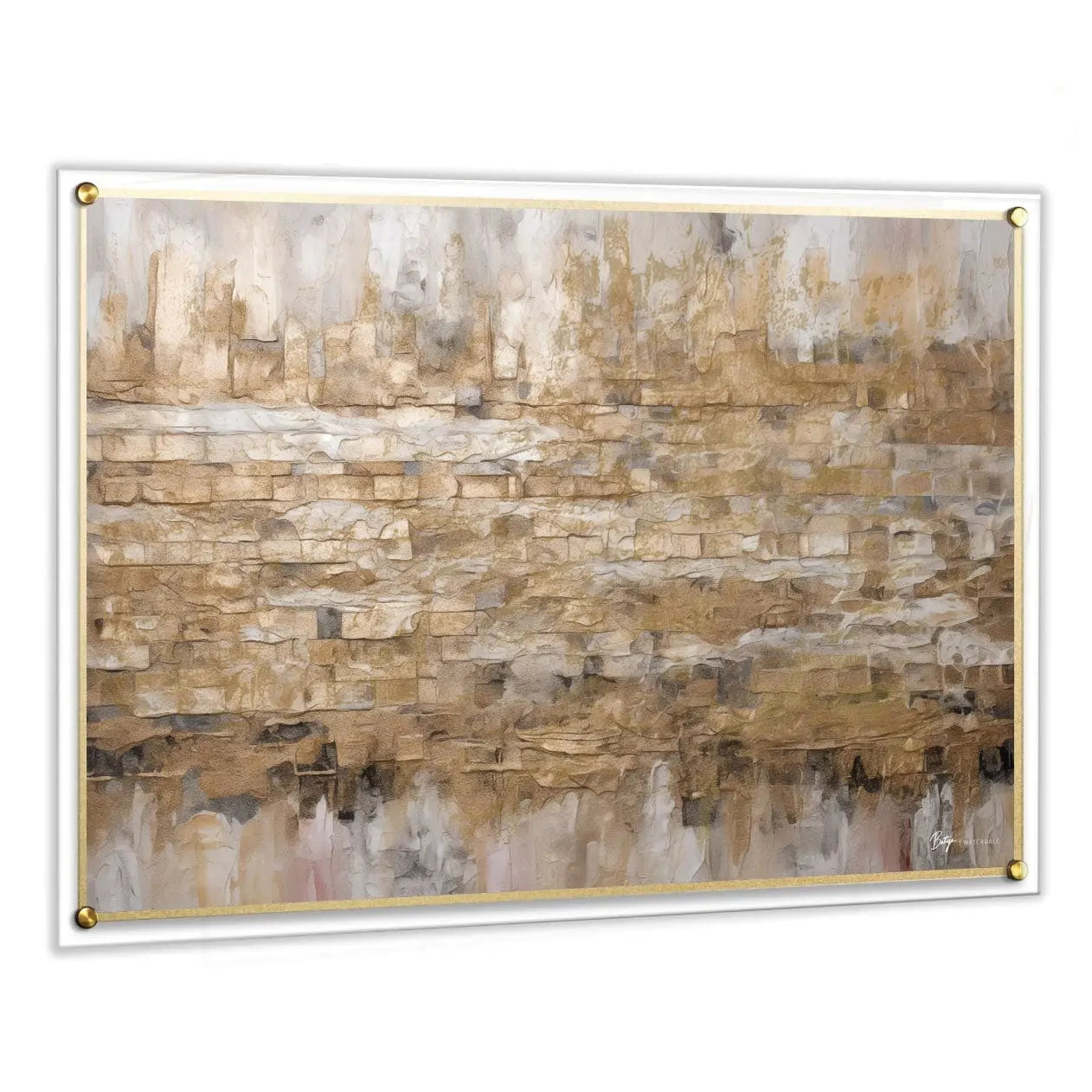 Abstract "Stones of Reflection" painting on clear lucite, featuring modern neutral tones and shimmering gold metallic stone textures by Waterdale Collection.