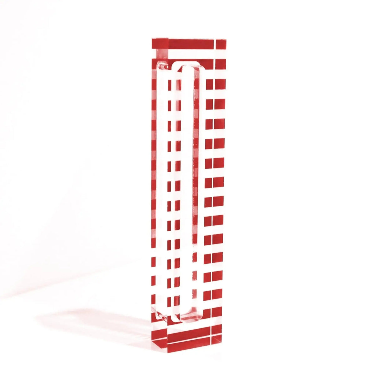 Red and white striped mezuzah case with vertical stripes and geometric design, modern home wall decor by Waterdale Collection.