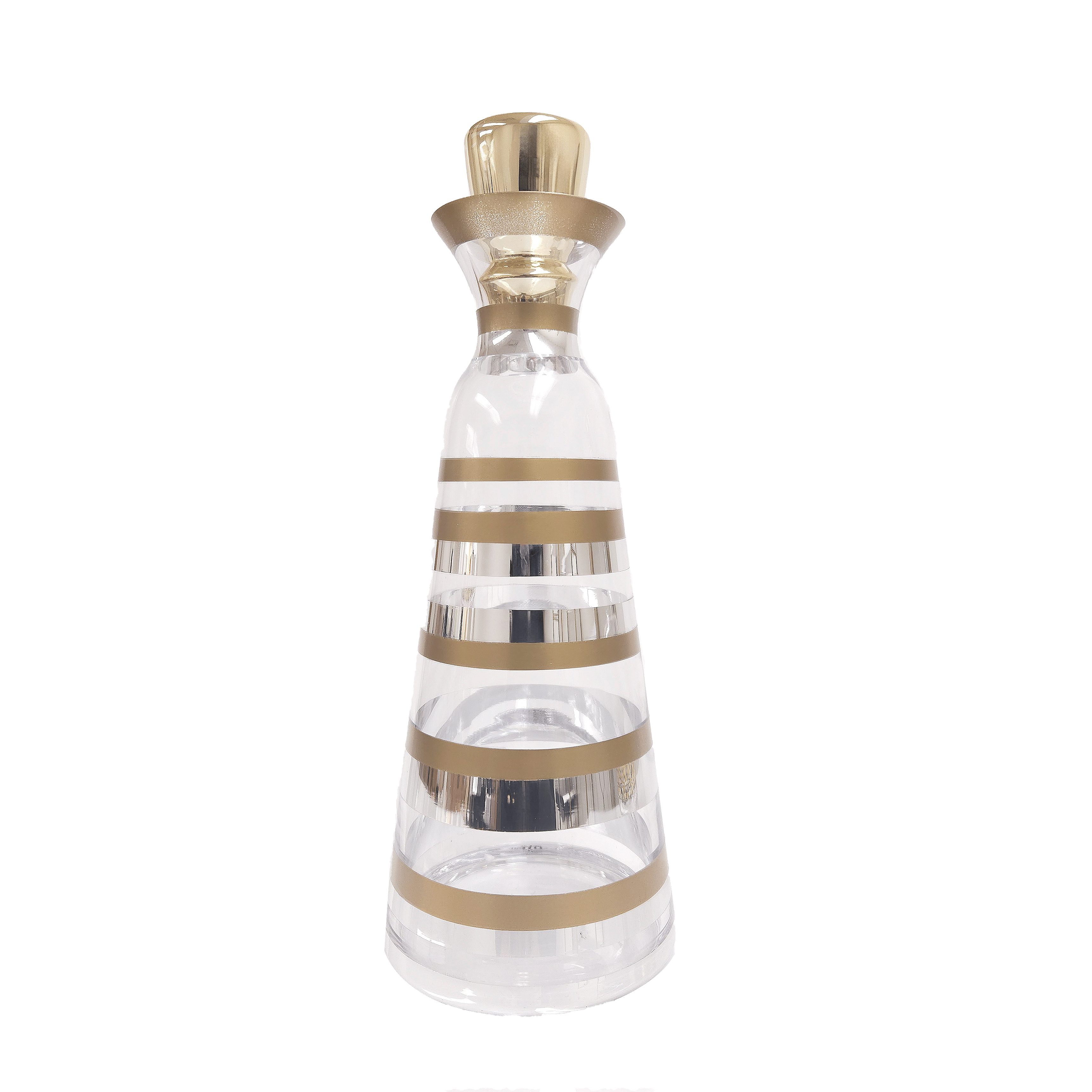 Modern clear glass wine decanter featuring elegant horizontal gold metallic stripes and a matching gold-tone topper.