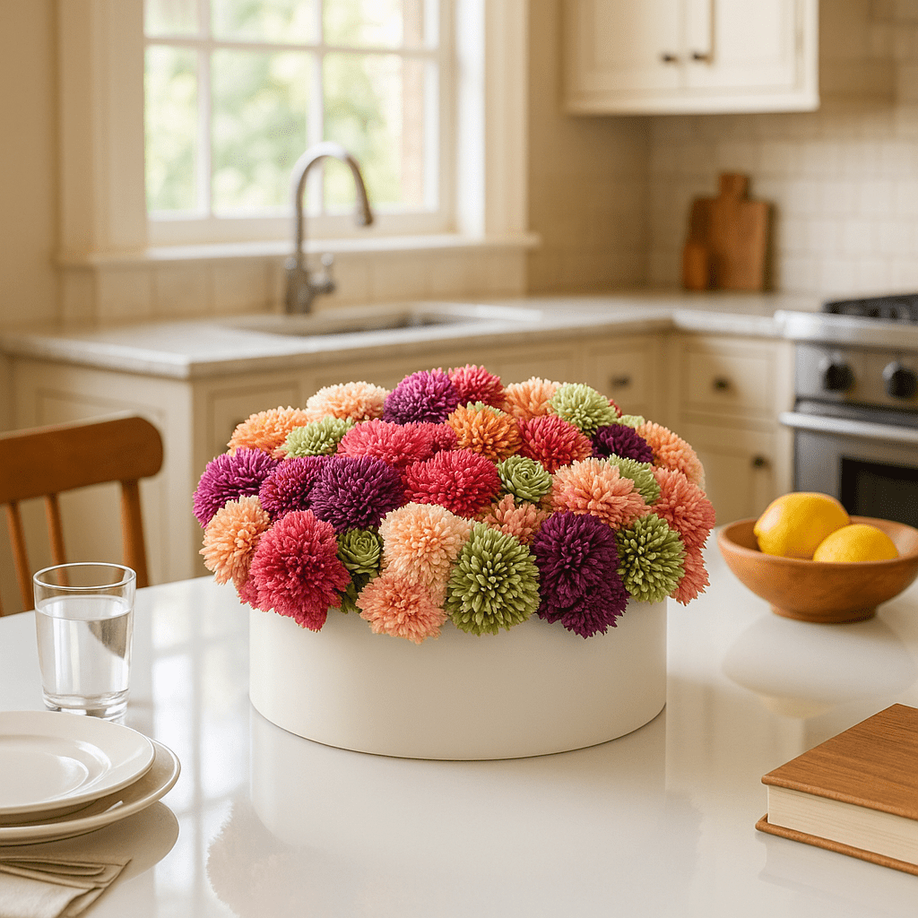 White Succulent Pink Round Vase Bencher Set on a kitchen table.