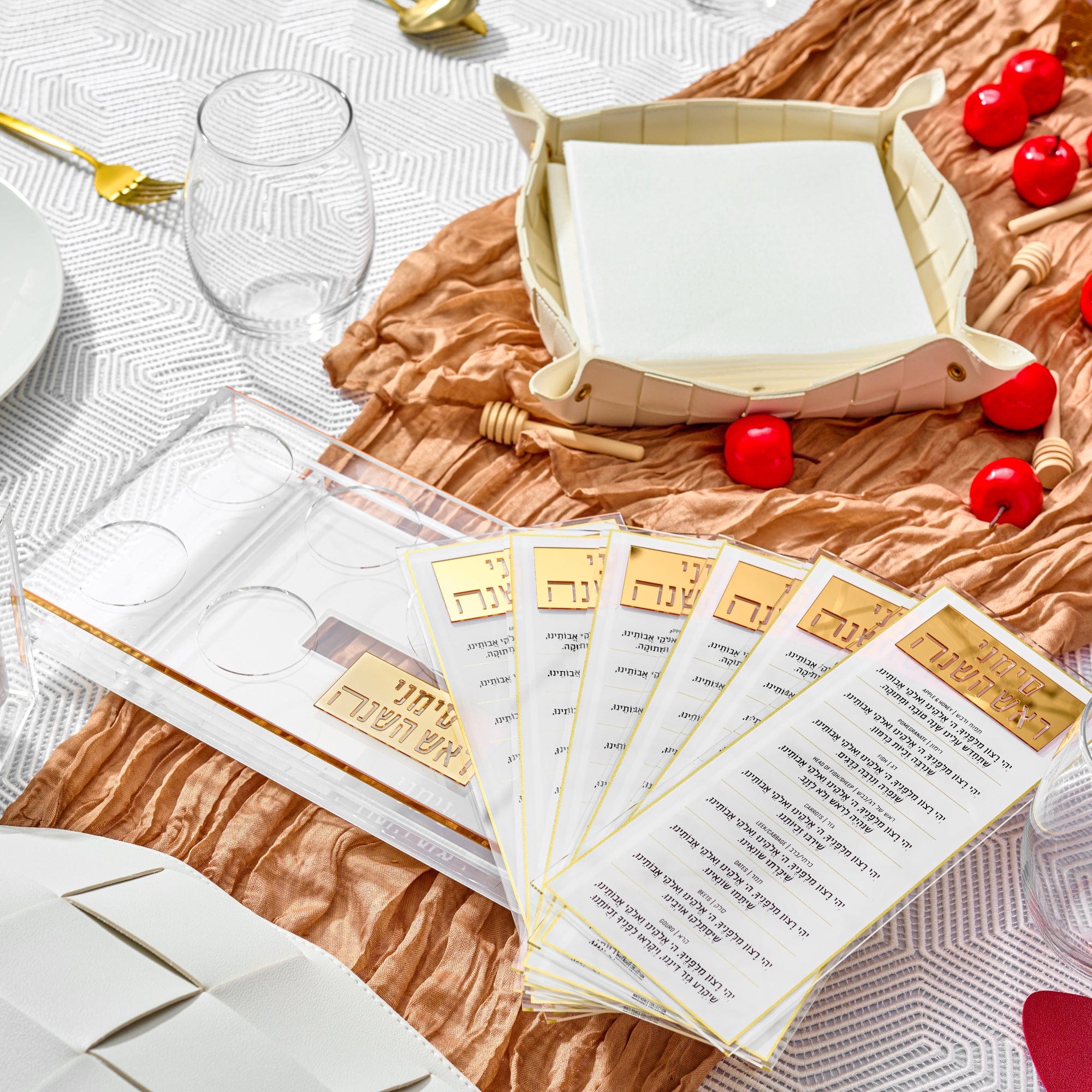 Suspended Simanim Tray Card Set on Rosh Hashanah Table setting