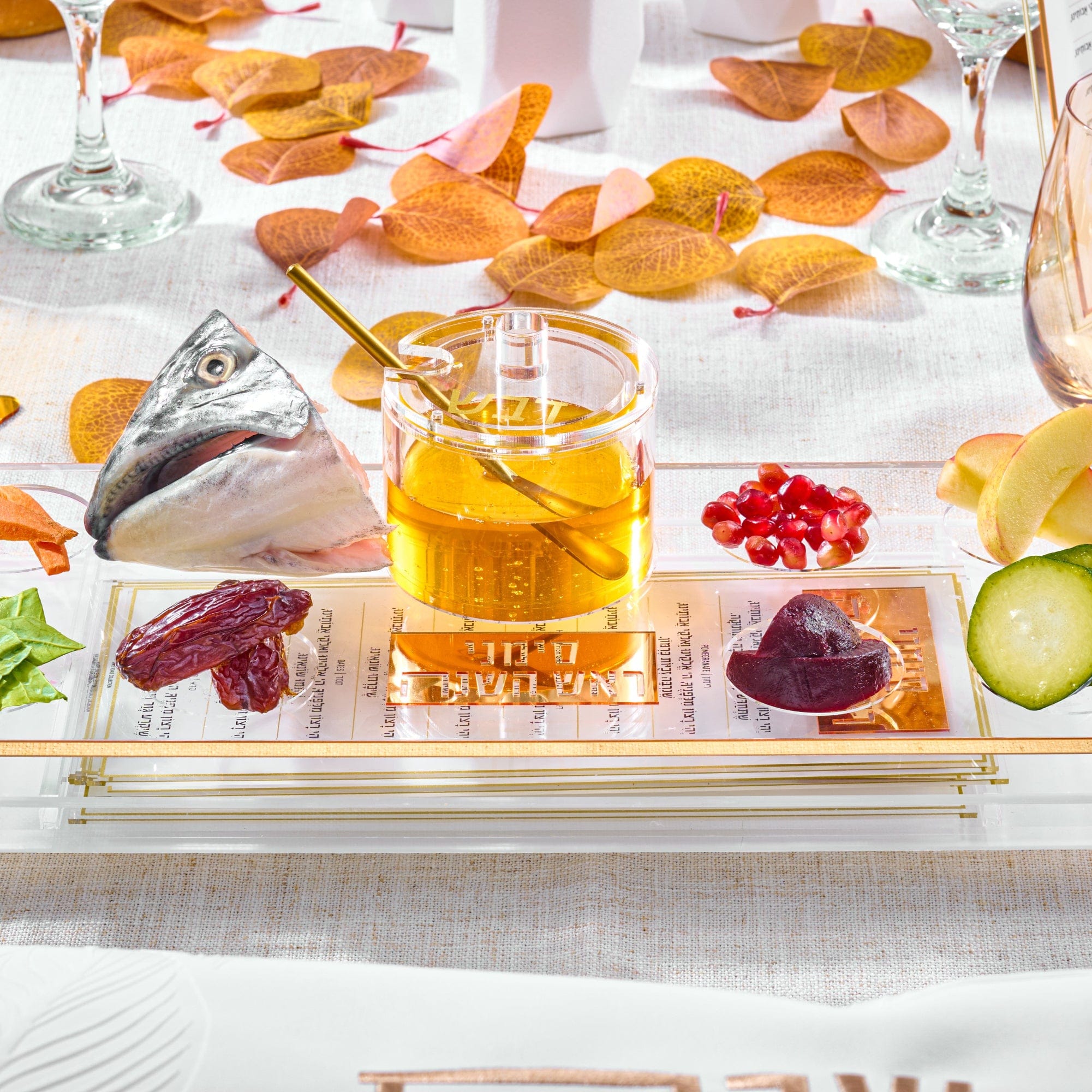 Suspended Simanim Tray Card Set with honey dish and fish head on top of the tray