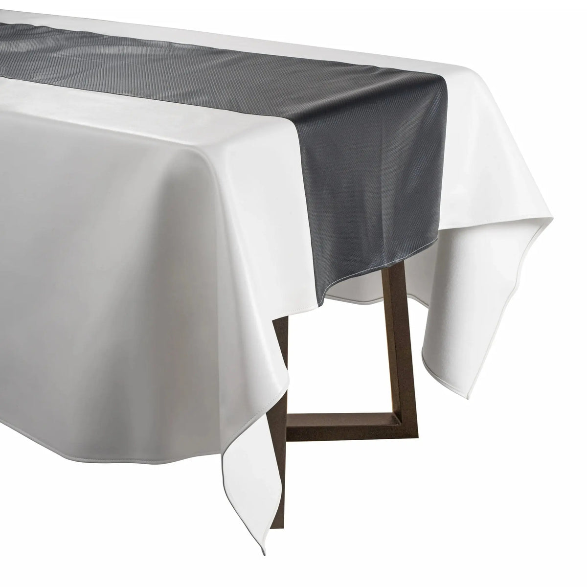 White and gray leather tablecloth with coordinating runner set, perfect for Shabbat and Pesach dining occasions.