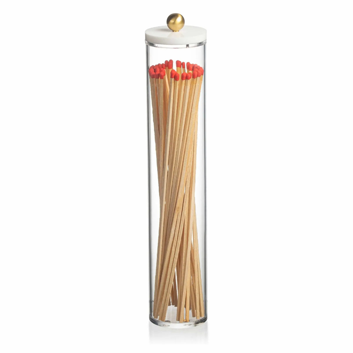 Tall cylinder glass match holder with wooden matches and brass top, by Waterdale Collection for Shabbat and holiday candle lighting.
