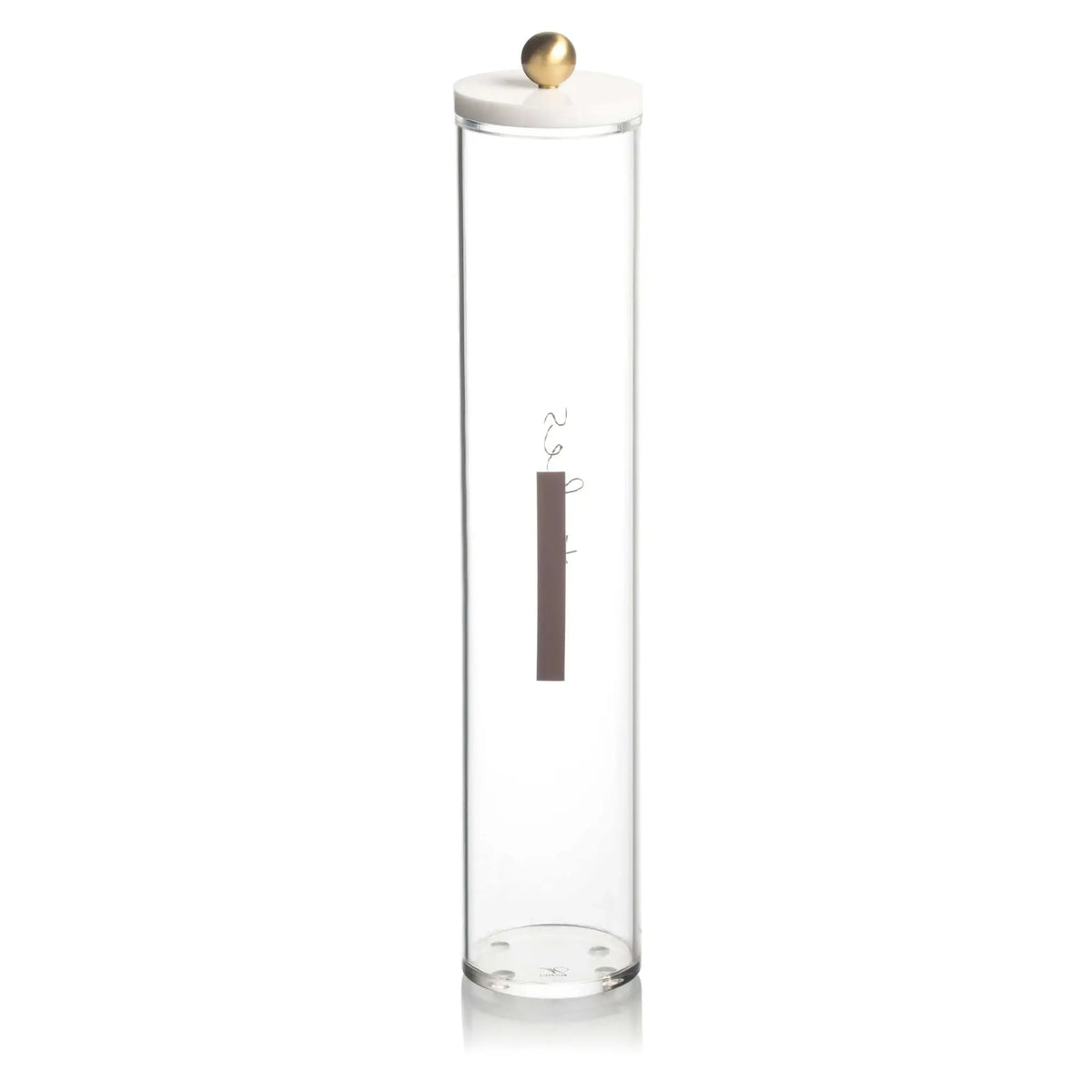 Tall glass cylinder match holder with wooden stopper and brass top, perfect for Shabbat candle lighting and table décor.