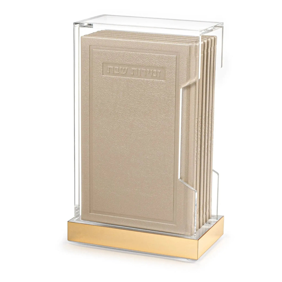 Tall hardcover bencher set with cream leather spine and lucite acrylic sides on gold base for Shabbat and Birchat Hamazon.