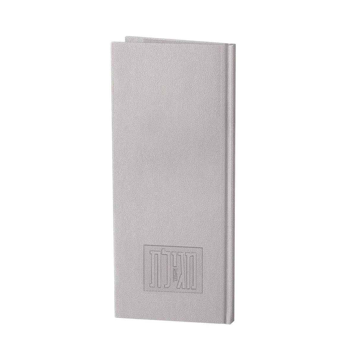 Tall leather painted Megillas Esther case in gray, featuring decorative panel detail and vertical rectangular design for Purim observance.