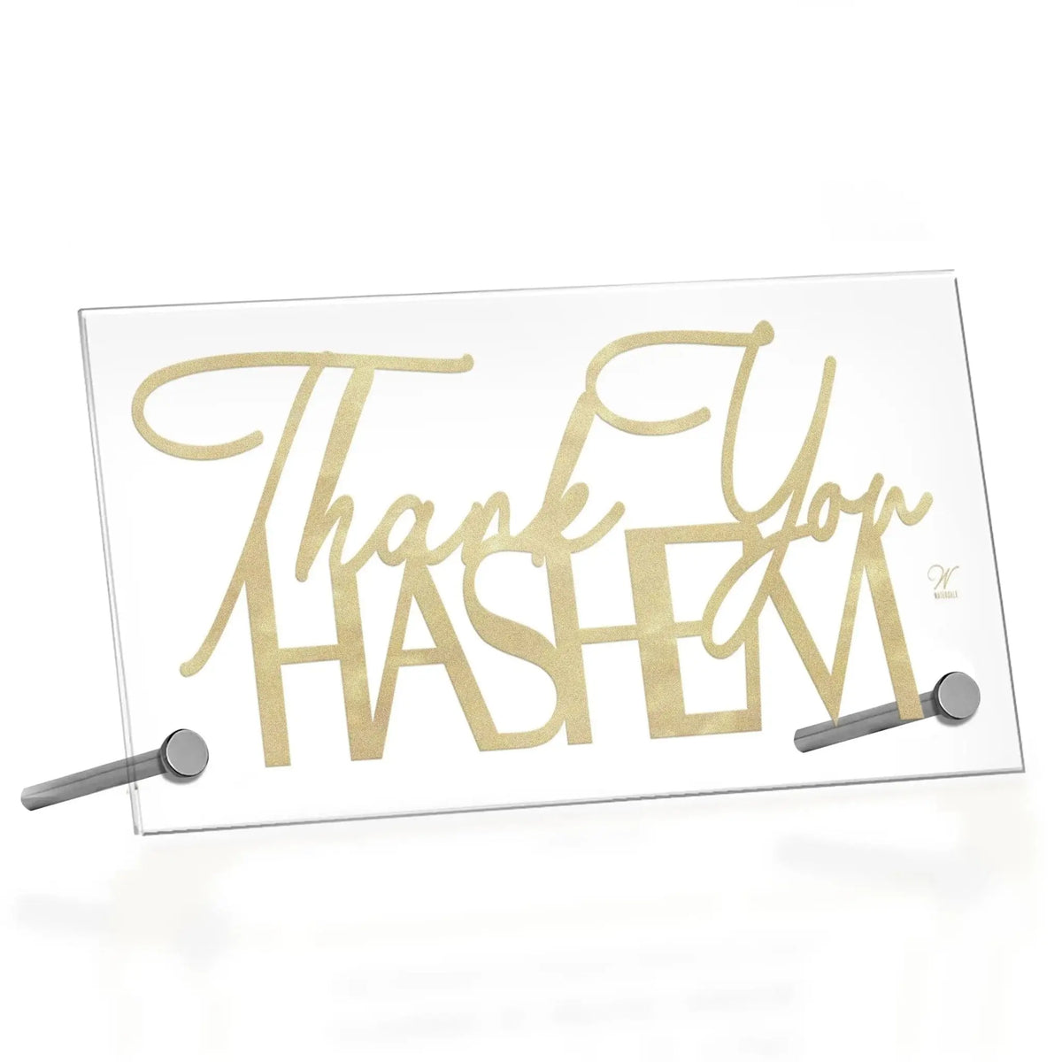 Thank You Hashem Basic Tabletop plaque in gold script on white acrylic with stand, Jewish home decor