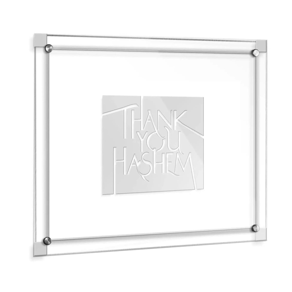 Thank You Hashem Classic 2.0 wall art in clear acrylic frame with grey text on white background, modern minimalist Jewish home decor