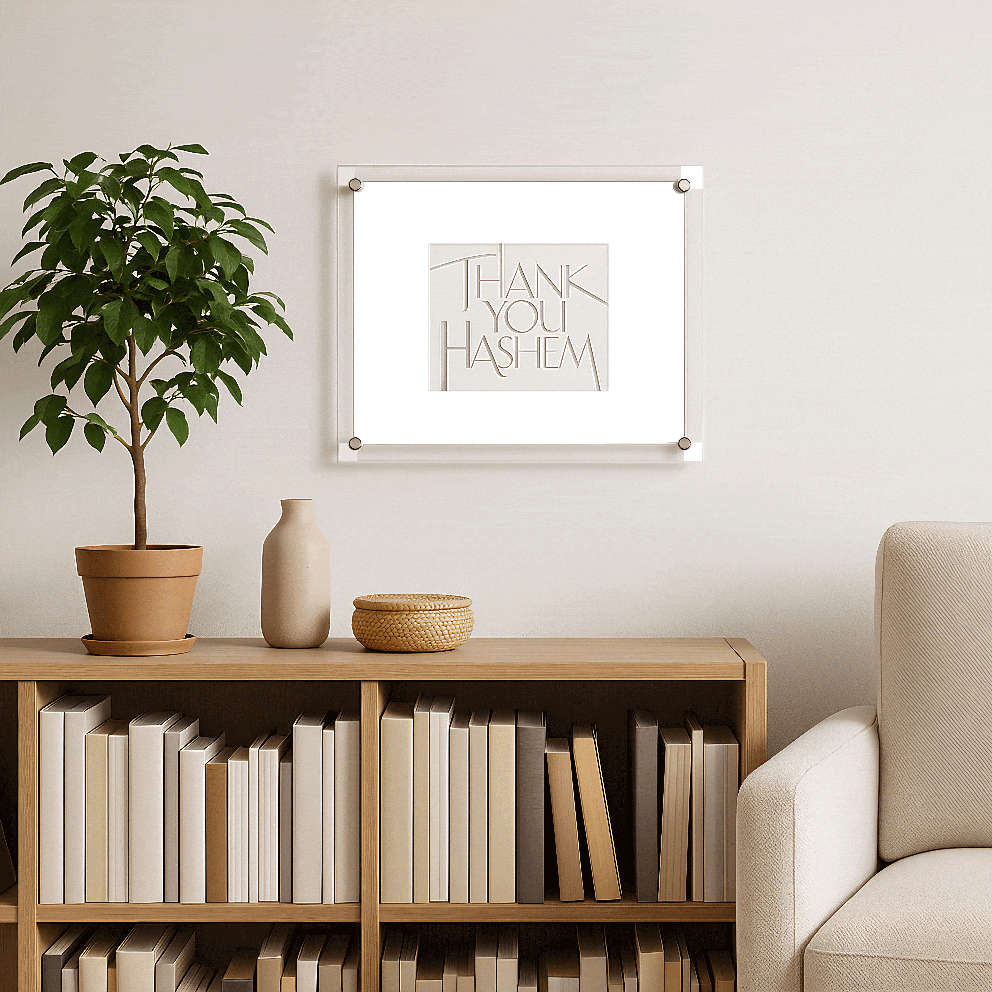 Thank You Hashem Classic 2.0 Wall Art displayed above a wooden bookshelf with neutral décor and a potted plant.