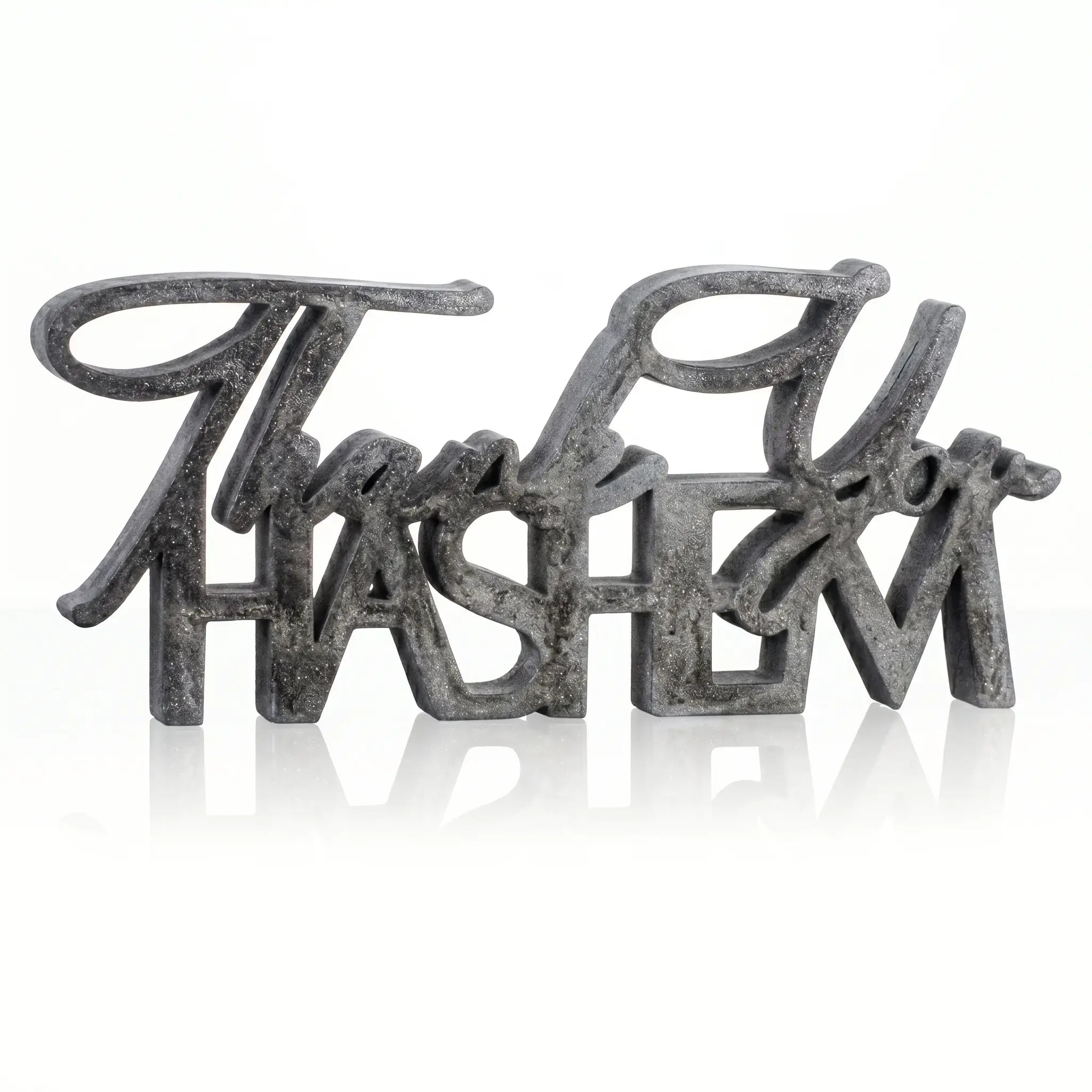Smoked Silver Thank you Hashem resin sculpture on a white background - Waterdale collection
