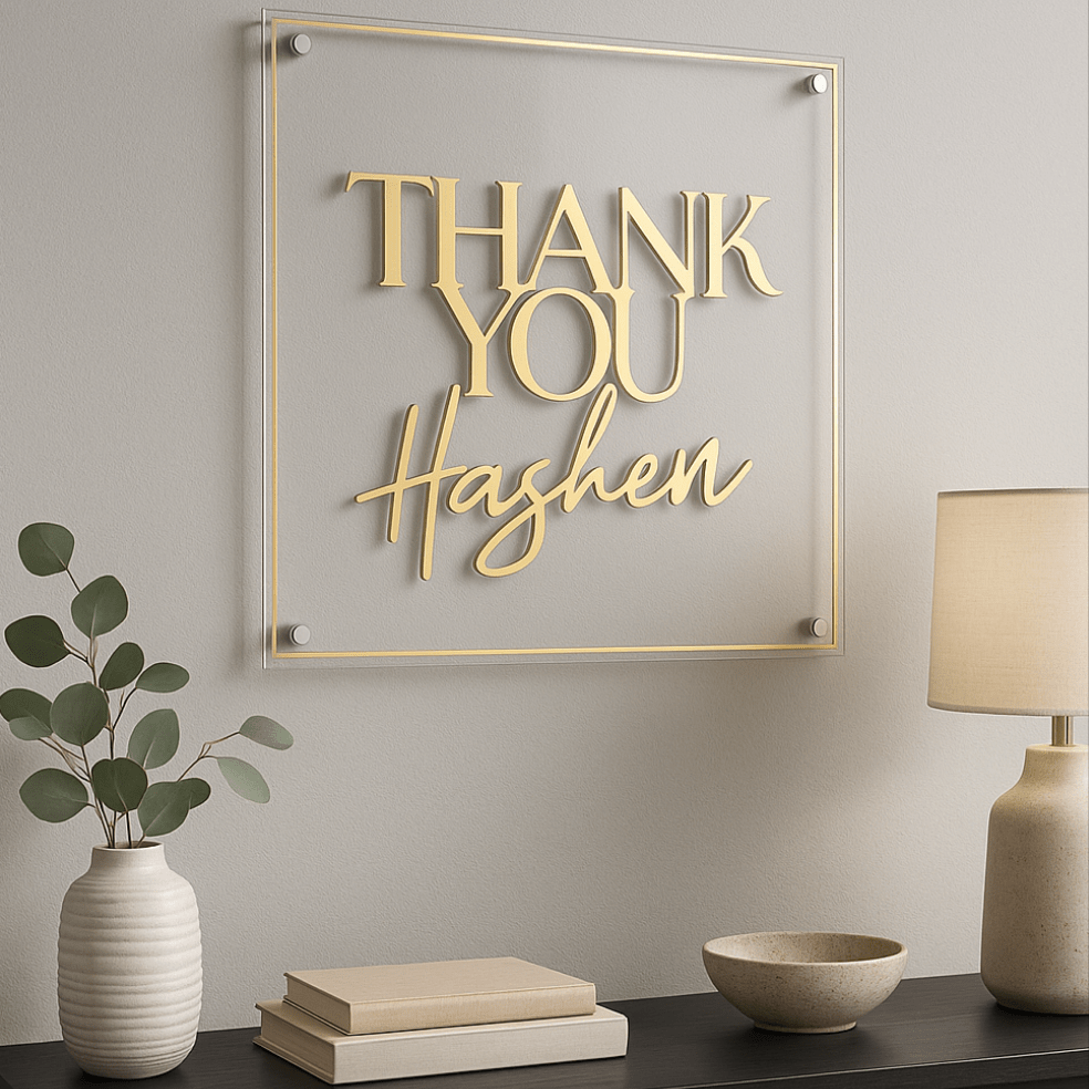 Thank You Hashem Wall above a modern console table.
