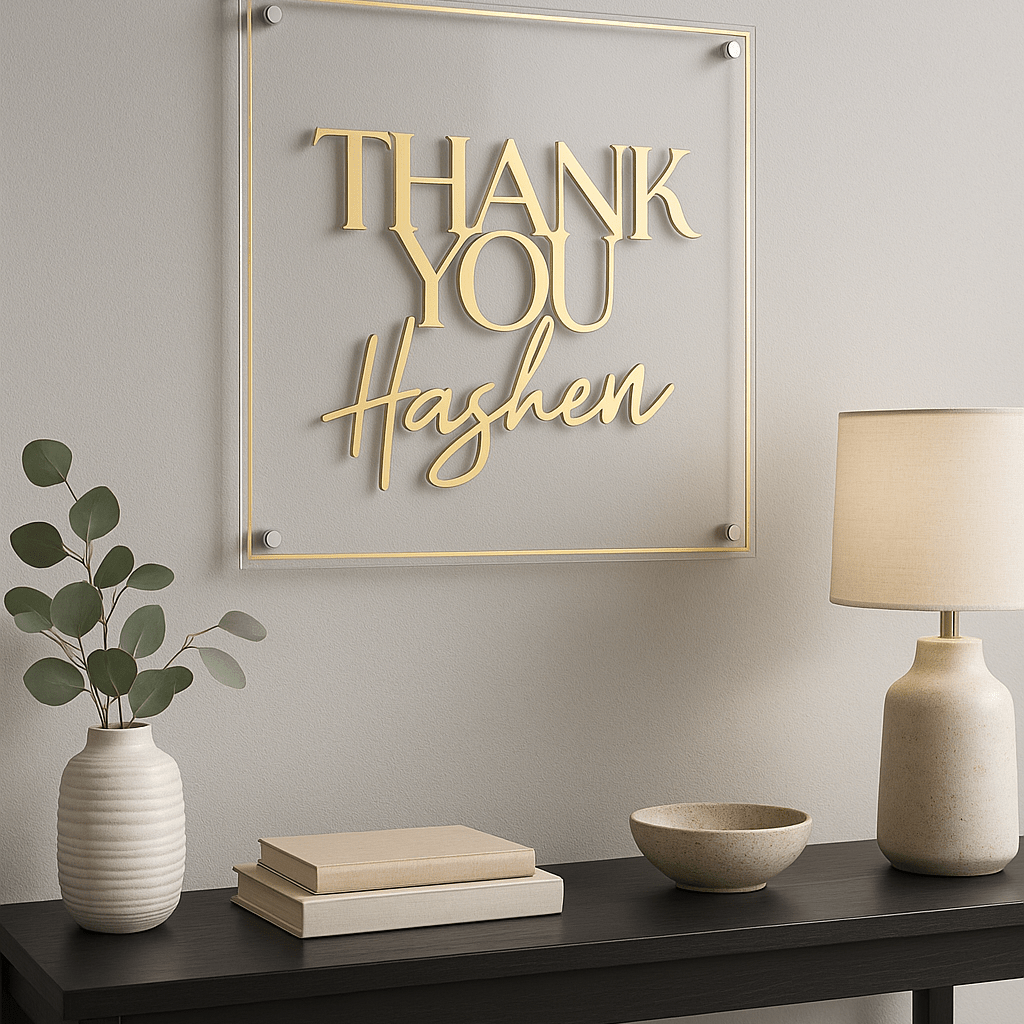 Thank You Hashem Wall Art above a modern console table.