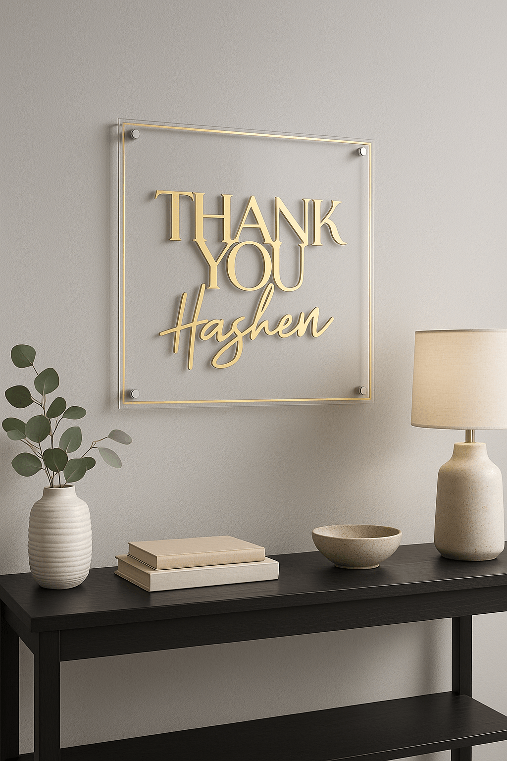 Thank You Hashem Wall Art above a modern console table.